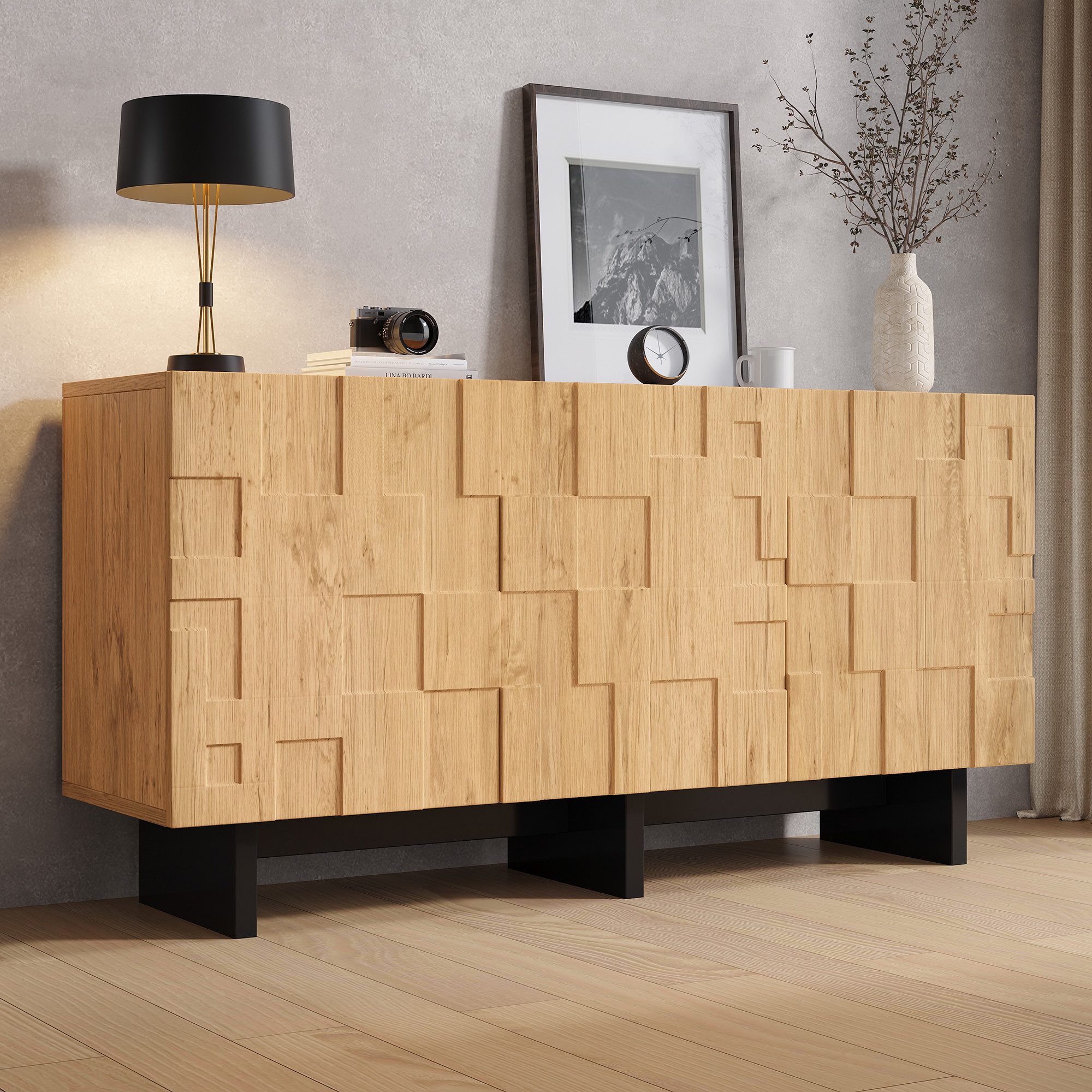 Merax Sideboard mit 5 Staufächern, 3 Türen und Stauraum, Waffelmuster Küchenschrank (1 St), Kommode mit Push-to-Open, Soft-Close & …
