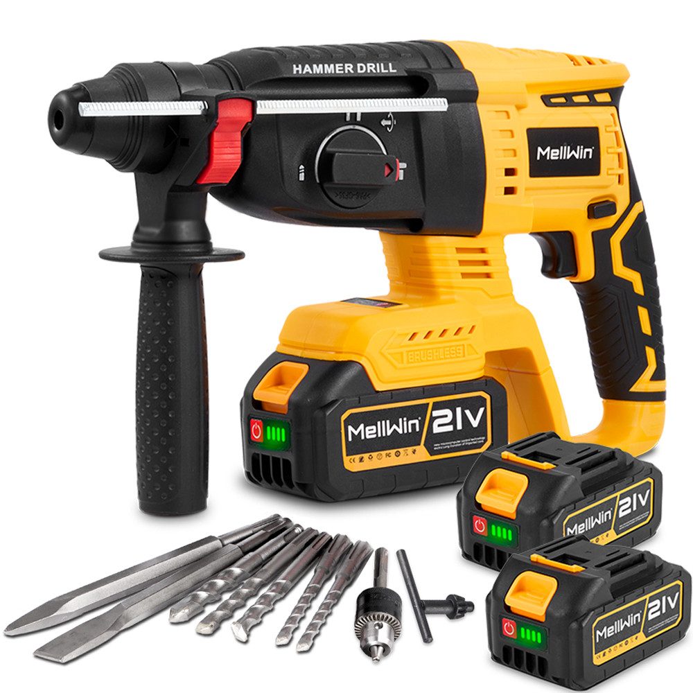 MELLWIN Akku-Bohrhammer SDS-Plus Bohrhammer mit 2x Akkus, 4 Funktionen, max. 1250 U/min, Bürstenloser Bohrhammer, für Bohren, Hammerbohren & Meißeln