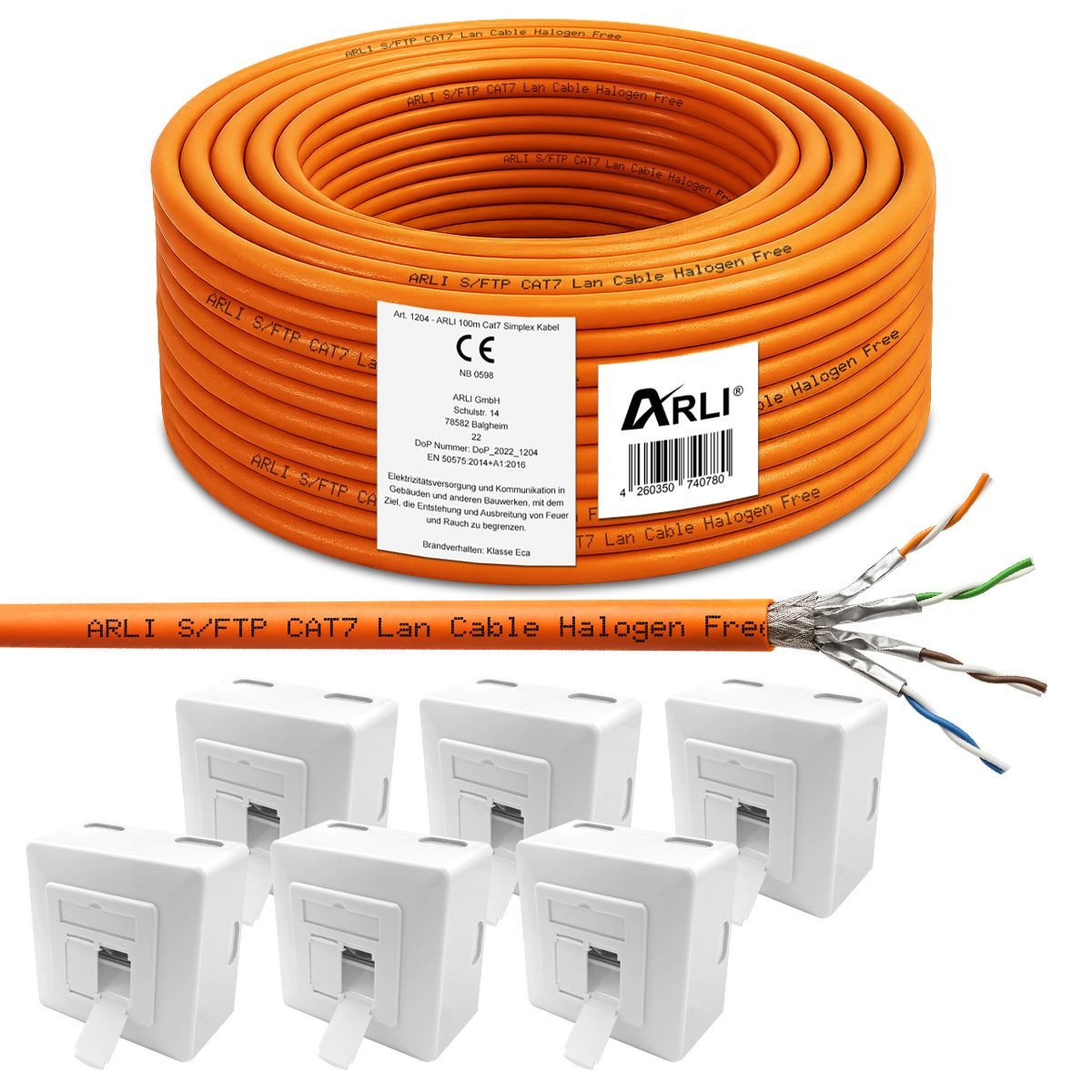 ARLI Netzwerk-Adapter, Cat7 Verlegekabel 100m Netzwerkkabel Netzwerk Kabel +6x Netzwerkdose