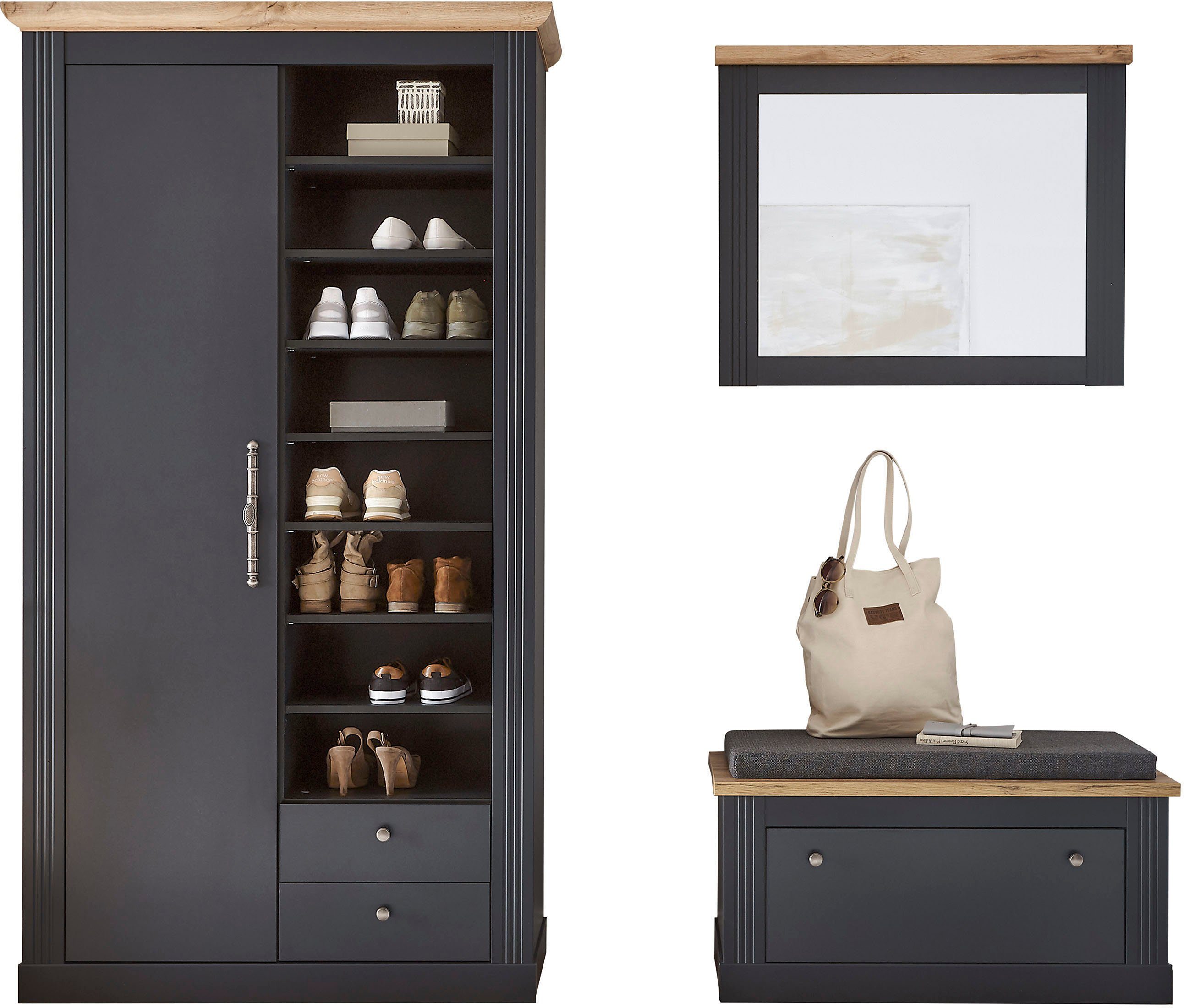 OTTO home Garderoben-Set WESTMINSTER, (3-St., Schuhbank, Spiegel, Garderobenschrank), im romantischen Landhausstil