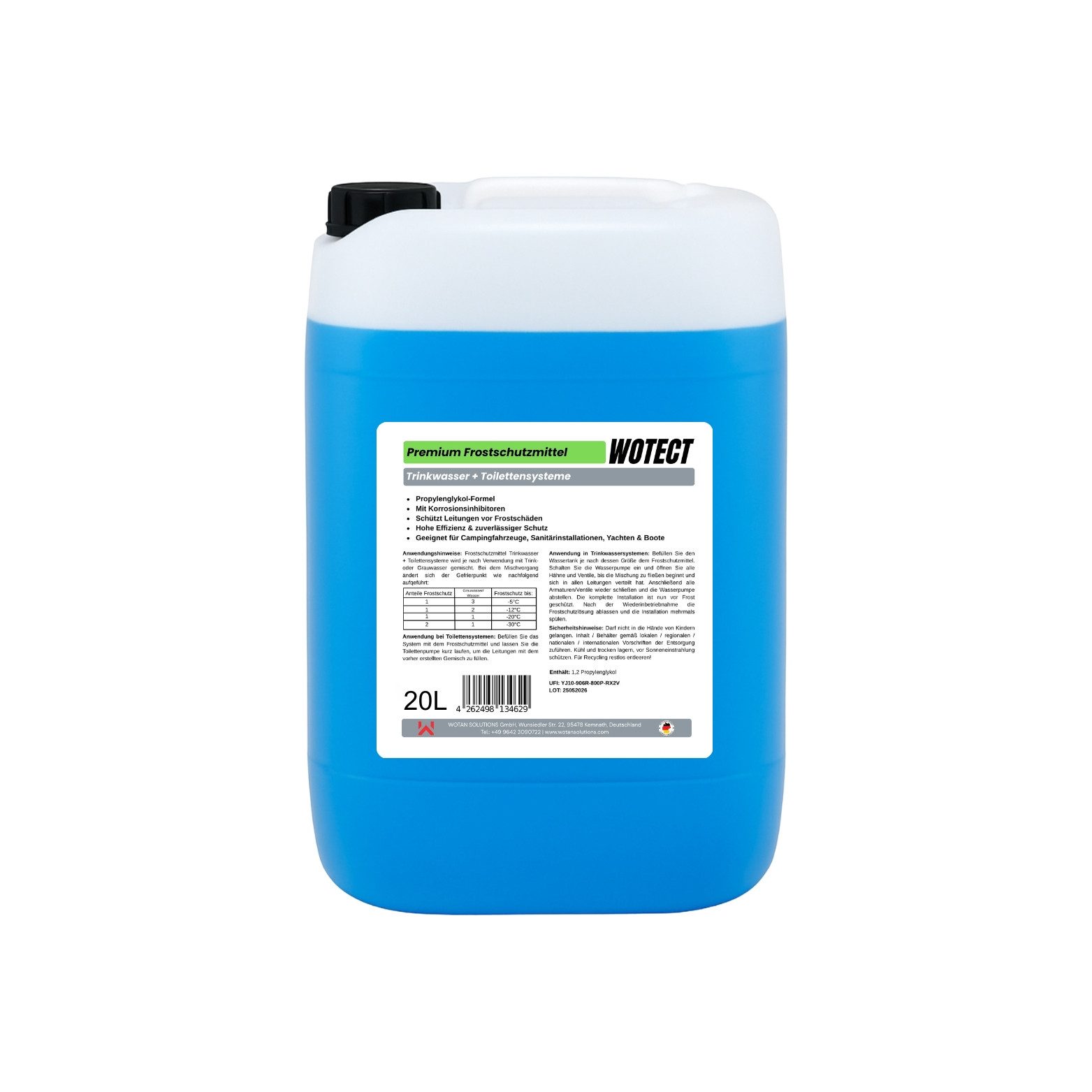 Wotect Trinkwasser-Frostschutz Premium Frostschutz für Trinkwasser- und Sanitärsysteme 20 L Kanister, bis -35 °C, 20 l, Frostschutz und Korrosionsschutz für Trinkwasser- und Sanitärsysteme