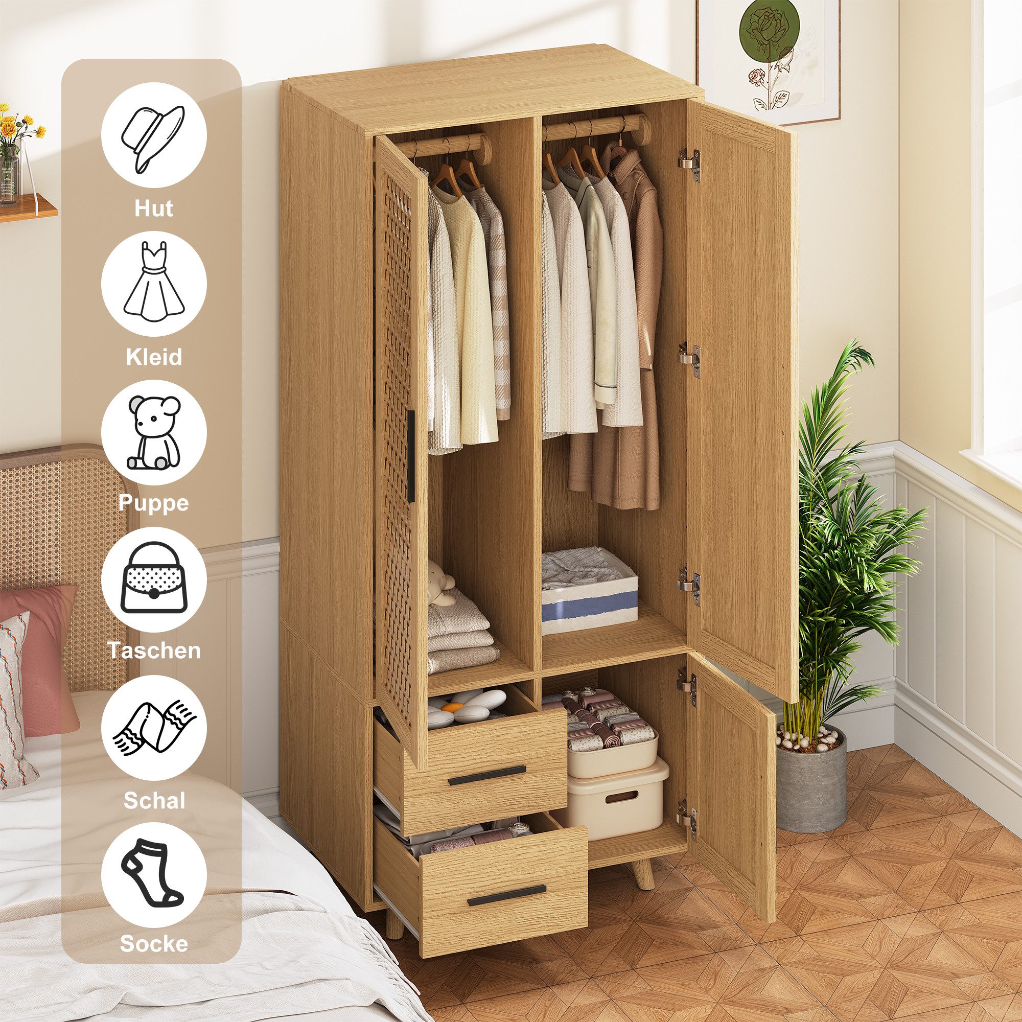 FUROKOY Kleiderschrank Drehtürenschrank mit 3 Schranktüren aus Rattan Garderobenschrank mit 2 Kleiderstangen,2 Schubladen