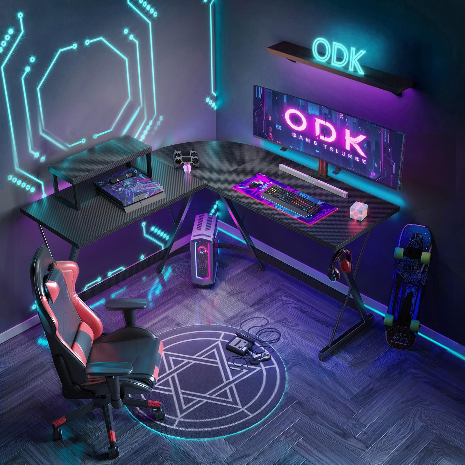 ODK Gamingtisch mit Monitor-Ständer & Kopfhörerhaken, L-Form Computertisch, 127cm (1-St), Kohlefaser-Oberfläche Schwarz Schreibtisch