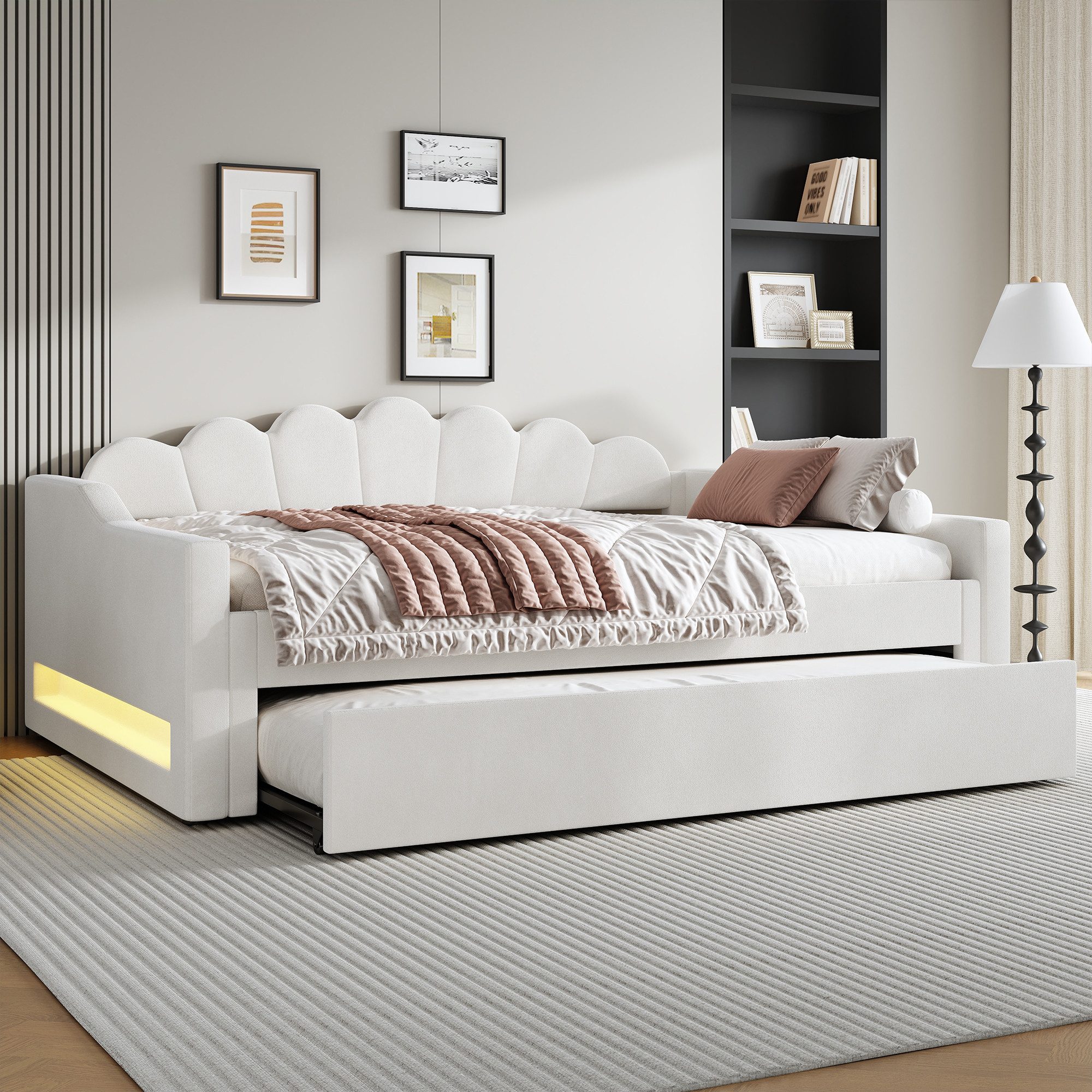 Merax Daybett mit LED- Beleuchtung & blütenförmigem Kopfteil (Kinderbett Polsterbett Jugendbett, 1 tlg), Schlafsofa Tagesbett 140x200cm mit Ausziehbett 90x190cm, Samt