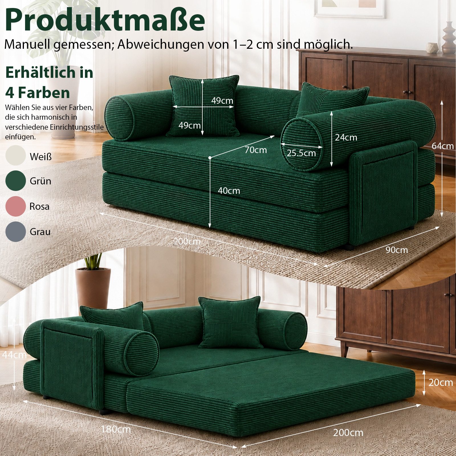 Hoolamyie Sofa 6-in-1 Cord Schlafsofa mit Schlaffunktion, 200 cm breit, 2-Sitzer, Modulares Sofa, ohne Montage, komprimiert verpackt, bis 200 kg – Bild 2 von 5