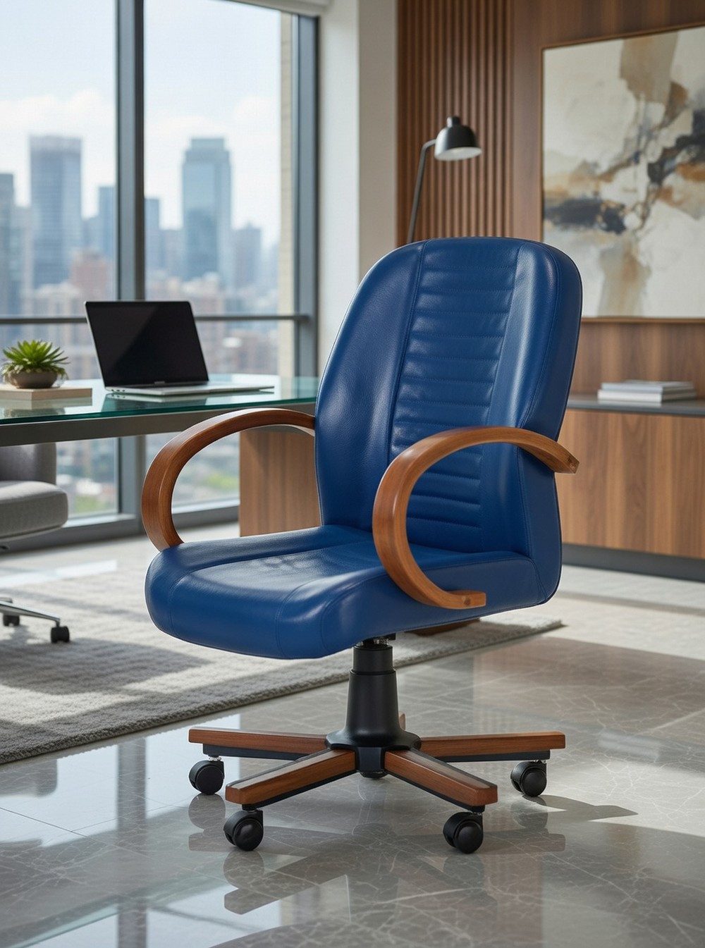 Xlmoebel Chefsessel Blauer Kunstleder Bürosessel mit Holzgestell und Drehfunktion, Made in Europa