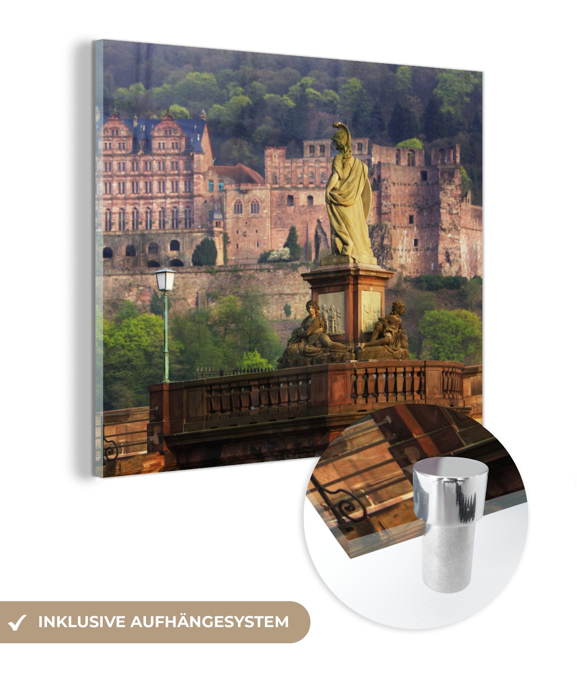 MuchoWow Acrylglasbild Marienstatue vor auf Heidelberger St), auf - dem (1 Glas Glasbilder Glas - - Wandbild Wanddekoration Foto Bilder Schloss