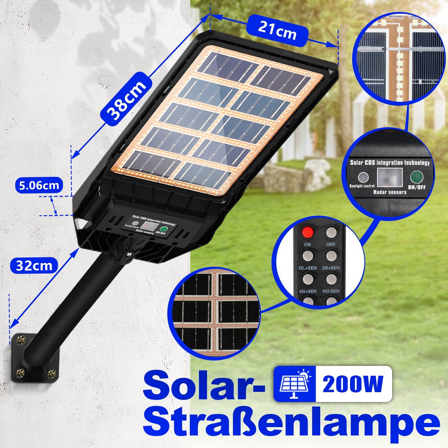 Clanmacy LED Straßenlaterne Solar Bewegungsmelder LED Garten Wandleuchte mit Solarleuchte