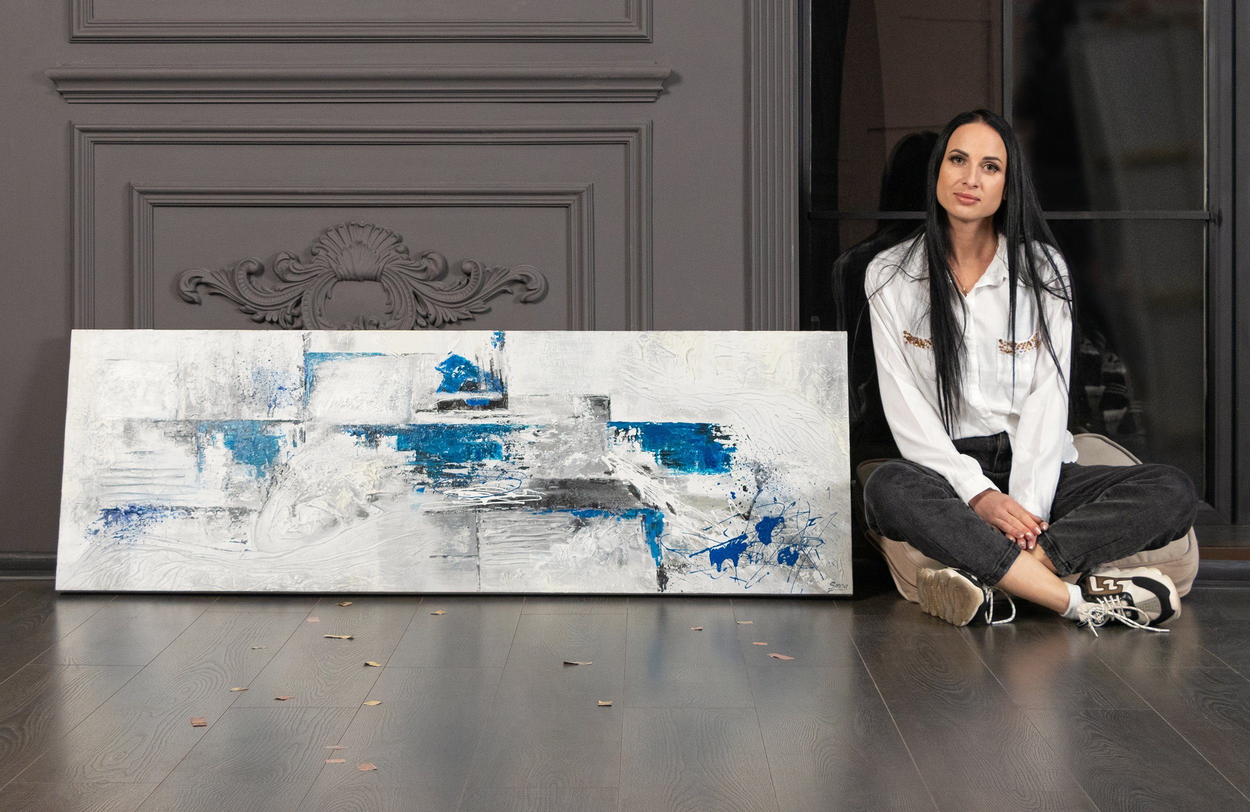 YS-Art Gemälde Abstraktion Abstrakt Abstrakt, Blau Grau Kästchen III, Leinwand Handgemalt Bild