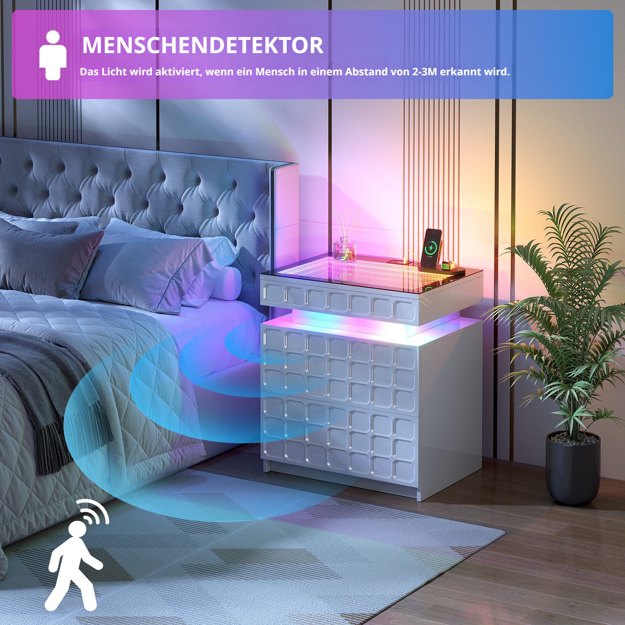 LVSOMT Nachttisch mit Ladestation und RGB, verstecktem Stauraum (1-St), 50×40×59.9cm, weiß – Bild 4 von 5