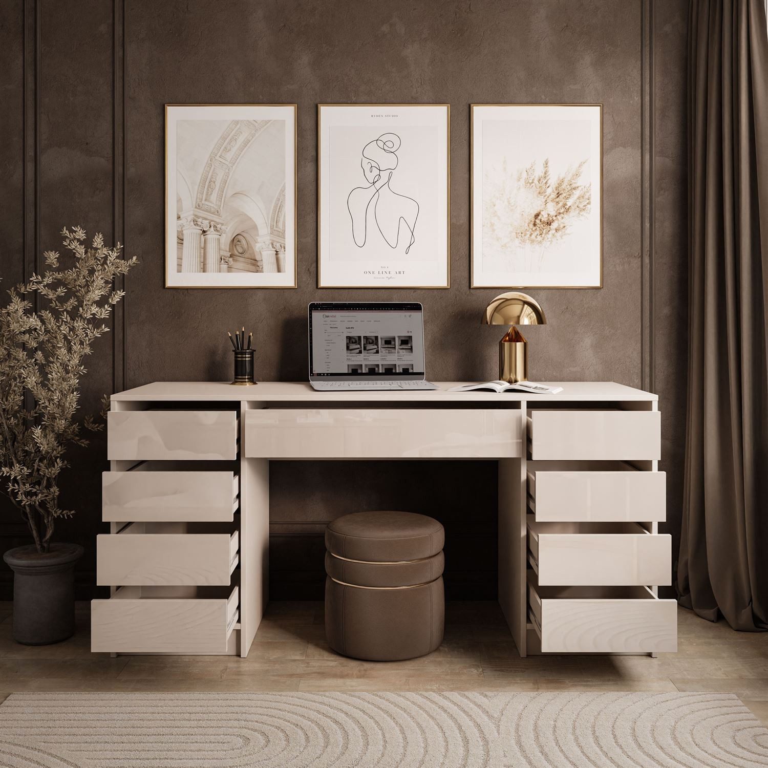 ALLHOUSE24 Schreibtisch MAYA DOUBLE mit 9 Schubladen Hochglanz Fronten weiß oder kaschmir (1x Schreibtisch), Breite 152 cm
