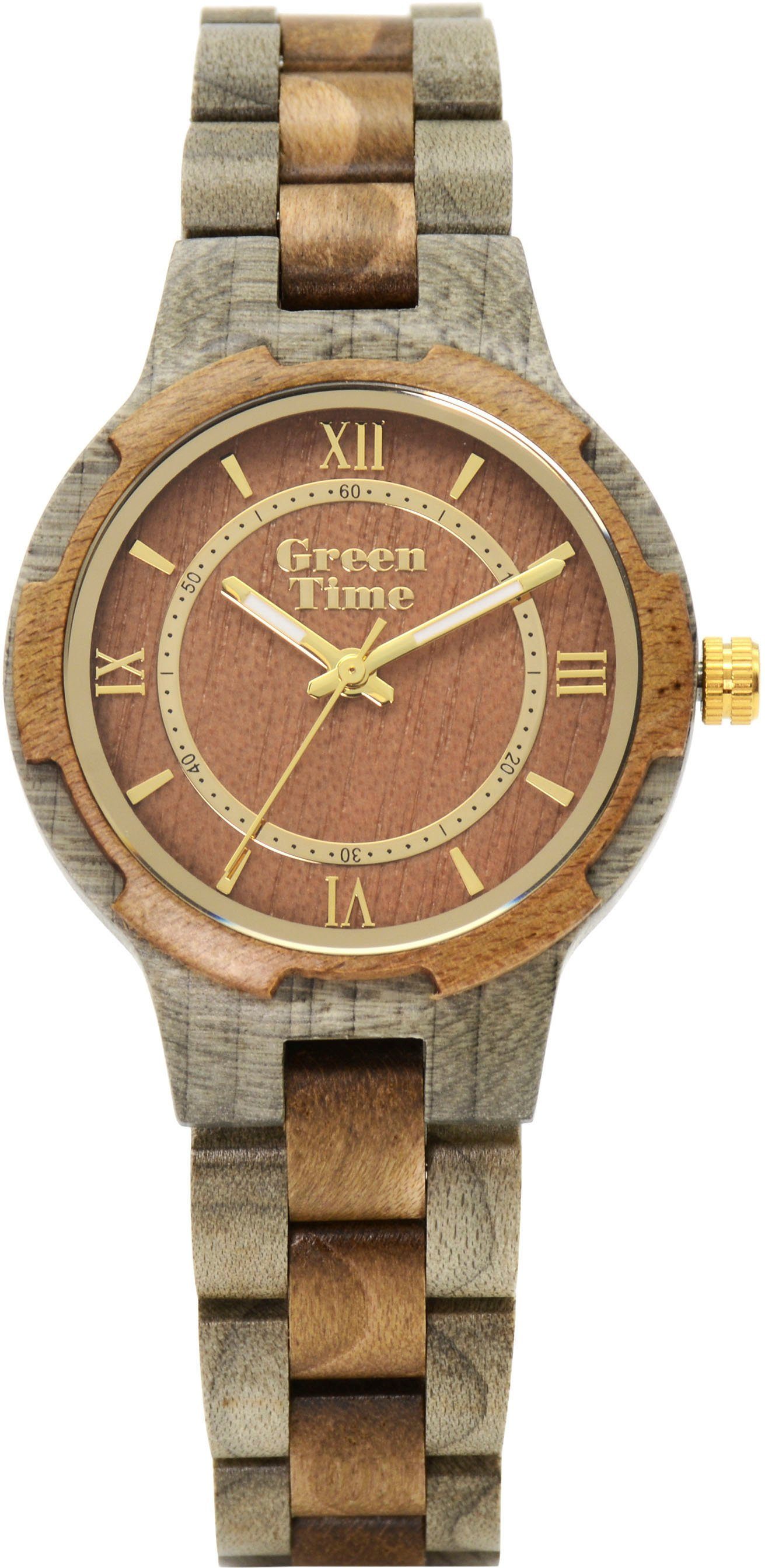 GreenTime Quarzuhr ZW154B, Armbanduhr, Damenuhr, Holzuhr, Leuchtzeiger