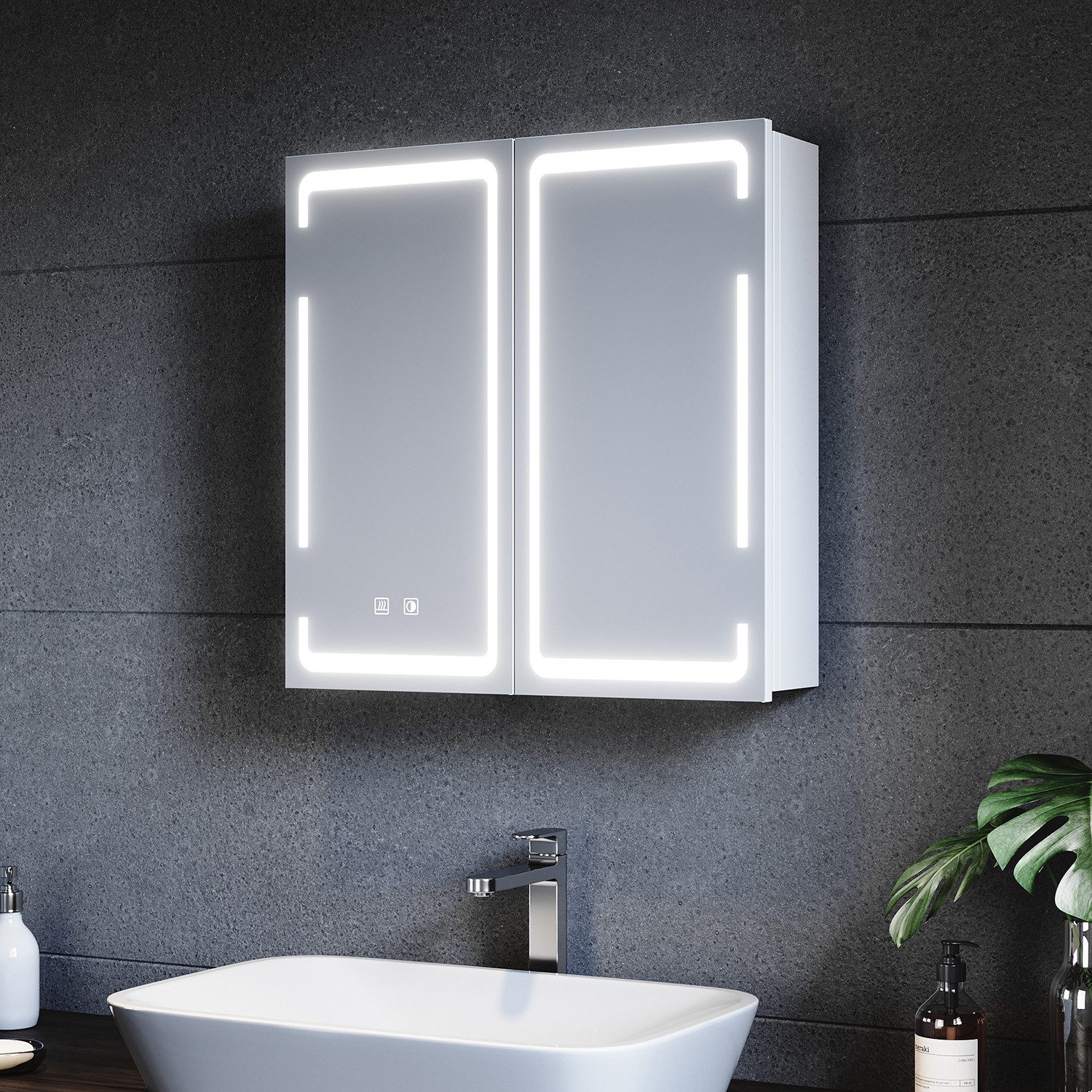 SONNI Badezimmerspiegelschrank Doppeltüriger dreifarbig beleuchteter Badezimmer-Spiegelschrank Mit Touch, 59x60x140cm, Einstellbare Helligkeit