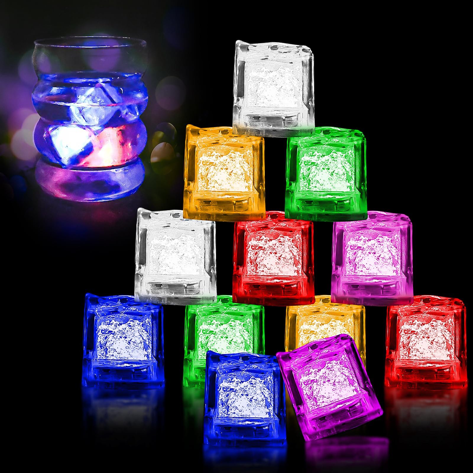 BlingBin LED Würfel 12 Stück LED Eiswürfel für Getränke, Flüssigsensor Eiswürfellicht, Lichtsensor, LED fest integriert, rotes, weißes, blaues und rosafarbenes Licht, LED-Eiswürfel-Lichtdekoration für Bar, Hochzeit, Party, Festival Hotel