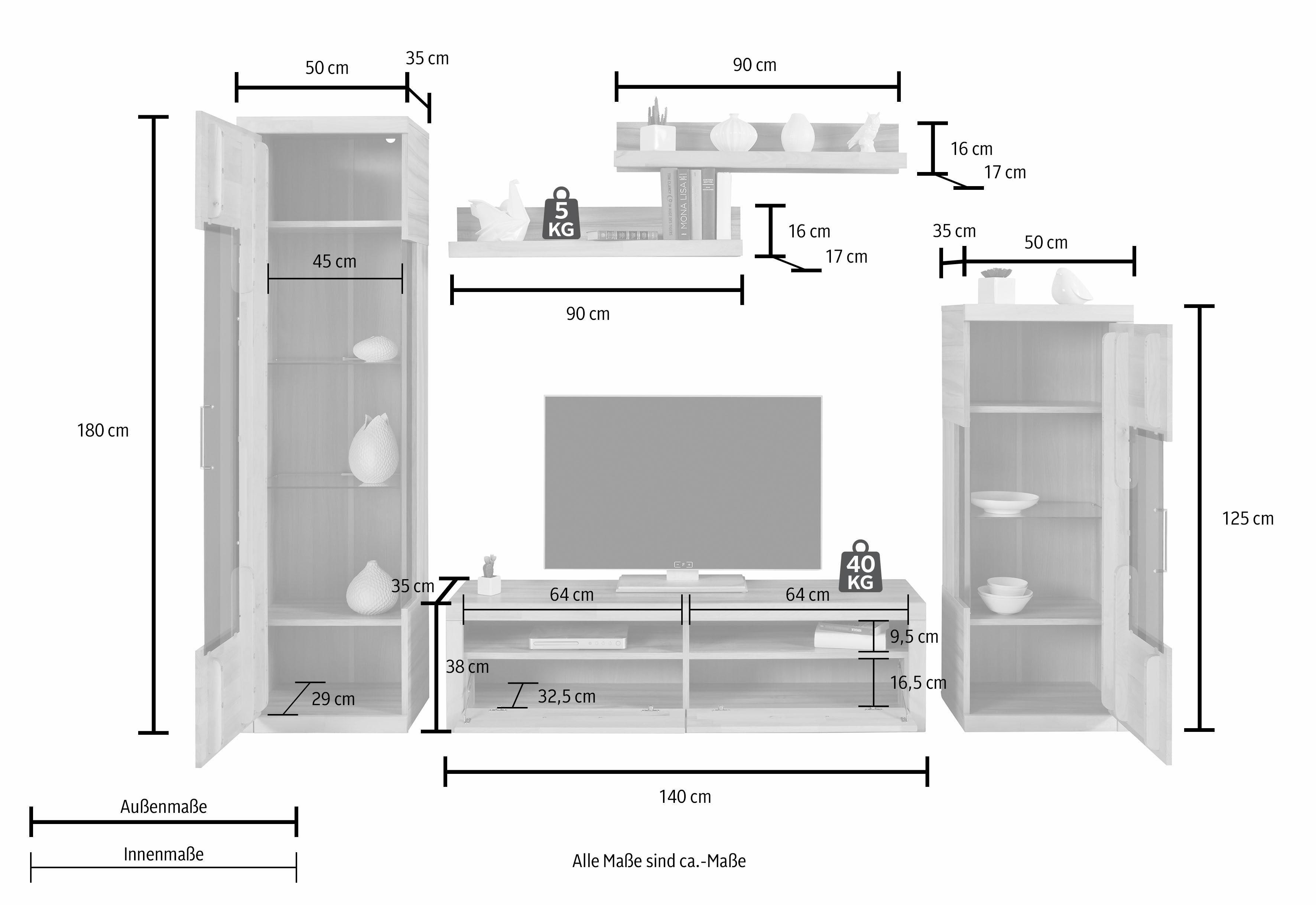 Home affaire Wohnwand Ribe Wohnwand Set-5 St., (Set, 5-St), Glaseinsatz aus gehärtetem Glas,Böden teilweise versetzbar