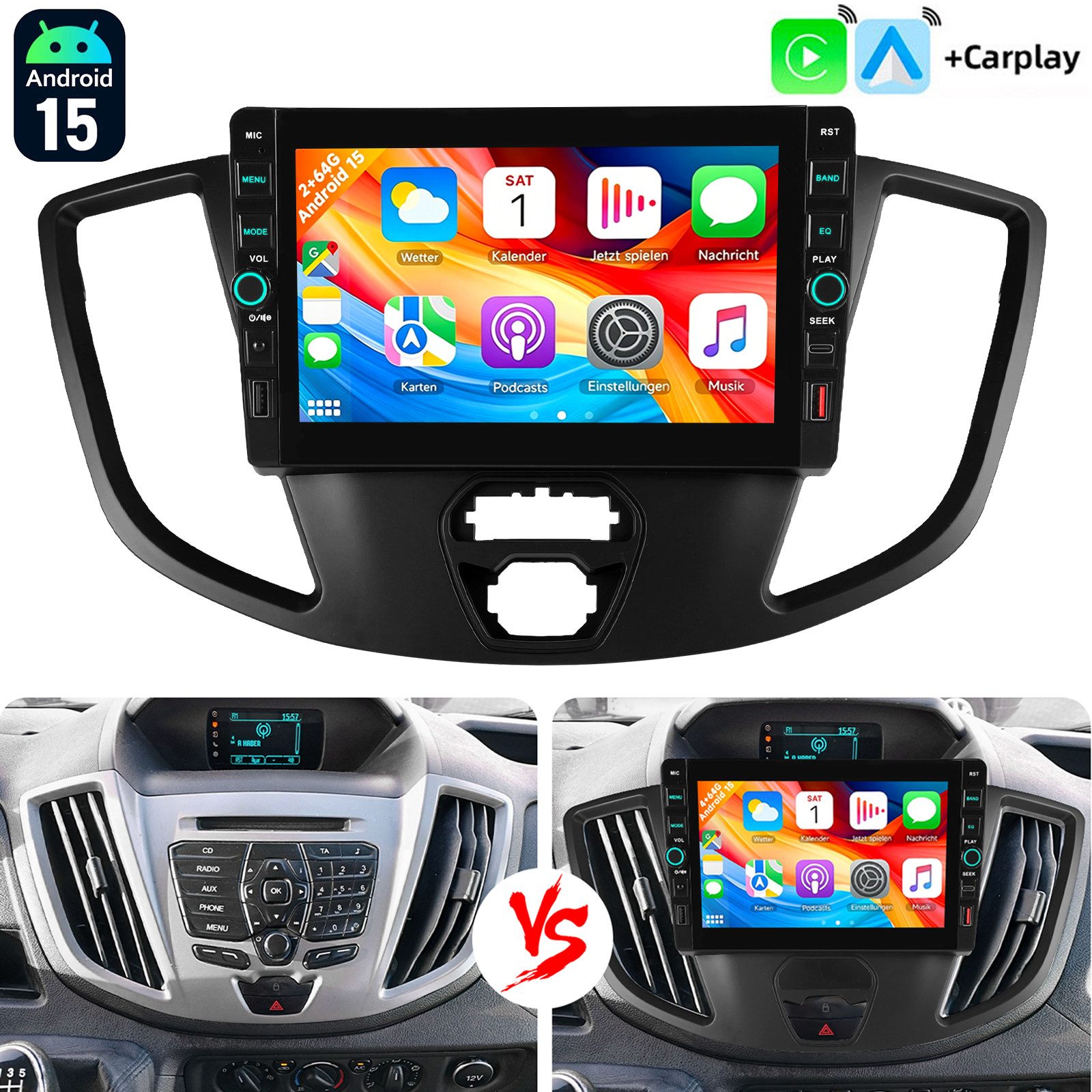 ESSGOO Für Ford Transit 15-19 Android 15 Autoradio GPS Navi Carplay BT USB FM Autoradio (RDS, 4+64GB(optional), Digitalradio (DAB), FM)
