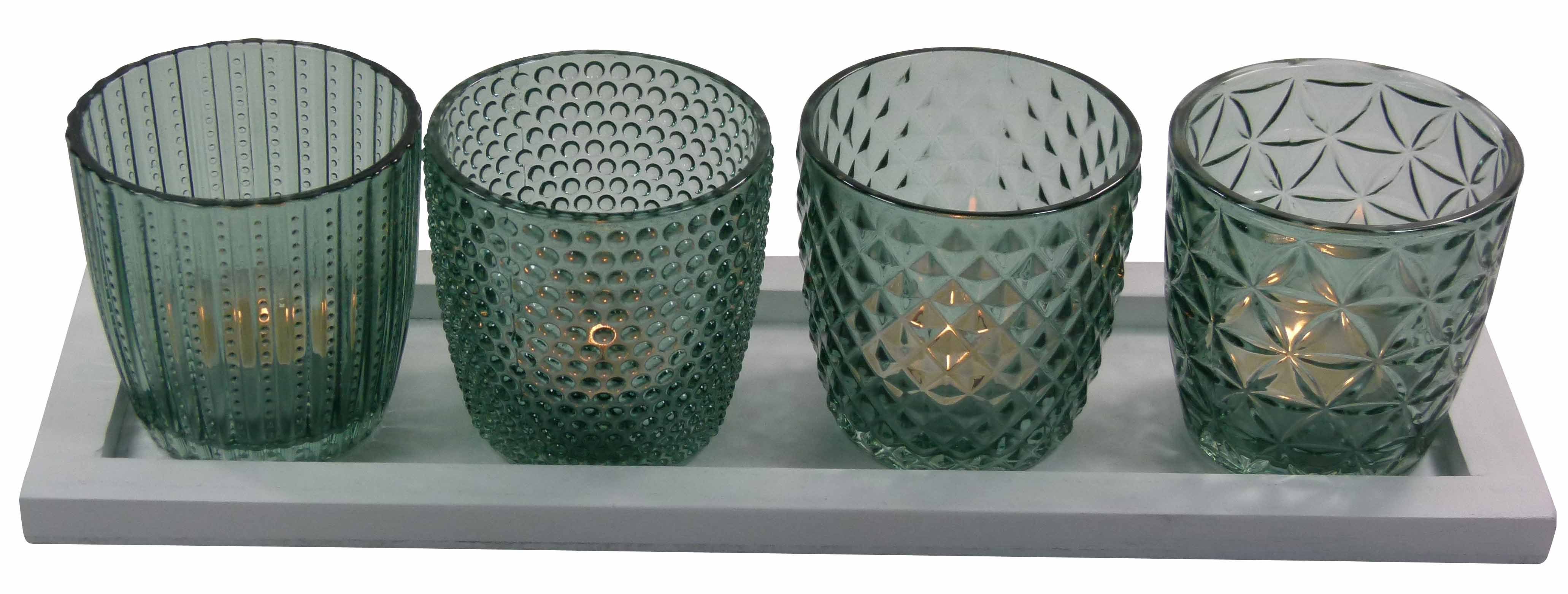 Set GlasArt Teelichthalter 4er Tablett Windlicht Deko-Gläser Kerzenhalter Jadegrün mit Teelichthalter