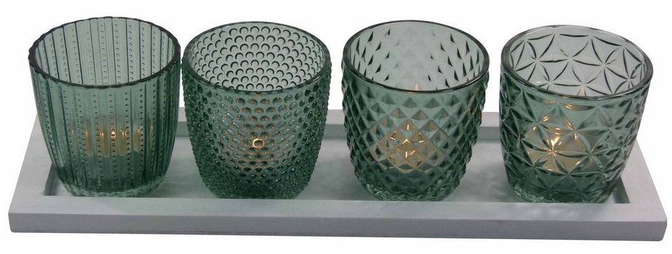 GlasArt Teelichthalter 4er Set Windlicht Teelichthalter Kerzenhalter  Deko-Gläser mit Tablett