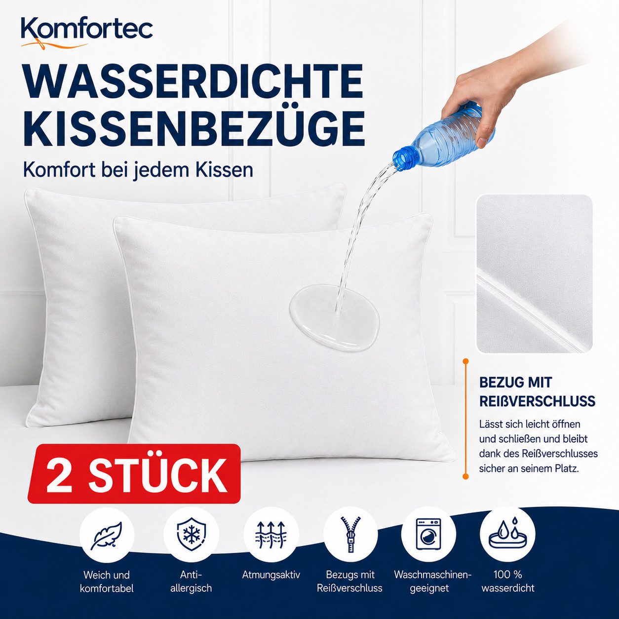 Komfortec Kissenbezüge Wasserdichter Kissenbezug Set, Hypoallergen Kopfkissenbezüge, (2 Stück), 45x45 cm mit Reißverschluss, Atmungsaktiv, Anti-Milben Kissenschoner
