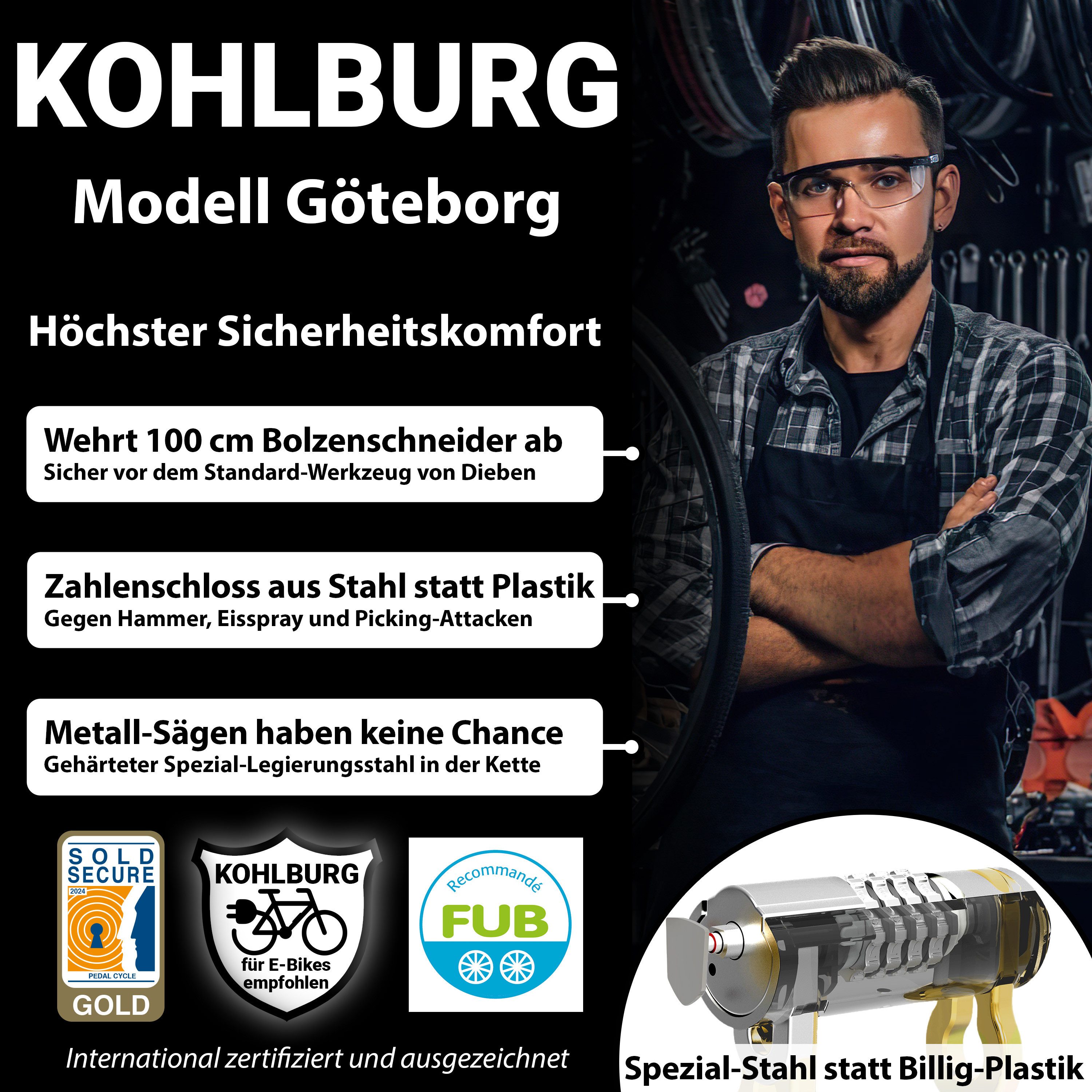 KOHLBURG Zahlenkettenschloss höchste Sicherheit [Sold Secure GOLD Fahrradschloss] Fahrrad & E-Bike, 110 cm lang • 2,3 kg massiv • Zahlenschloss mit höchster Sicherheit