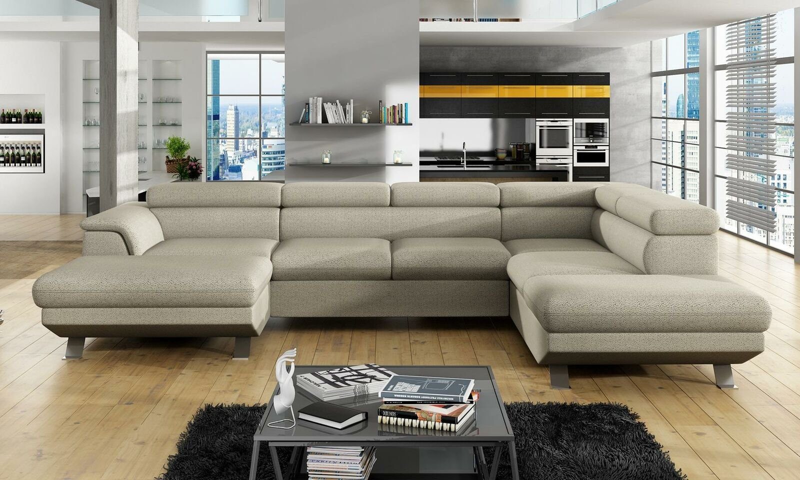 Beige U-Form Ecksofa Bettfunktion Ecksofa, Polster JVmoebel Wohnlandschaft Sofa Garnitur