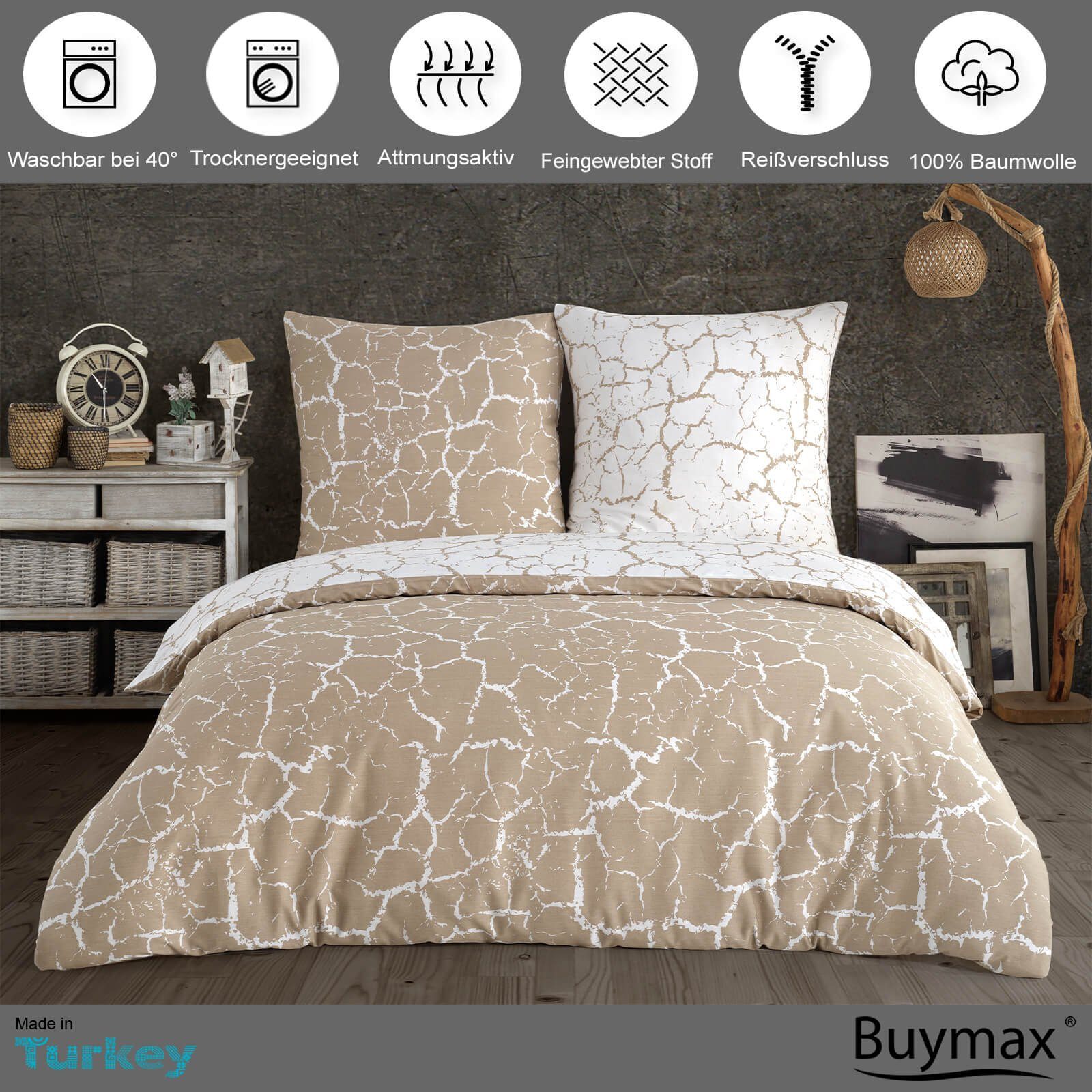 Buymax Bettwäsche Mercer, Bettgarnitur, Bettbezug Set, Renforce: 100% Baumwolle, 2 teilig, 135x200 cm, mit Reißverschluss, Muster Marmor, Beige, Weiß