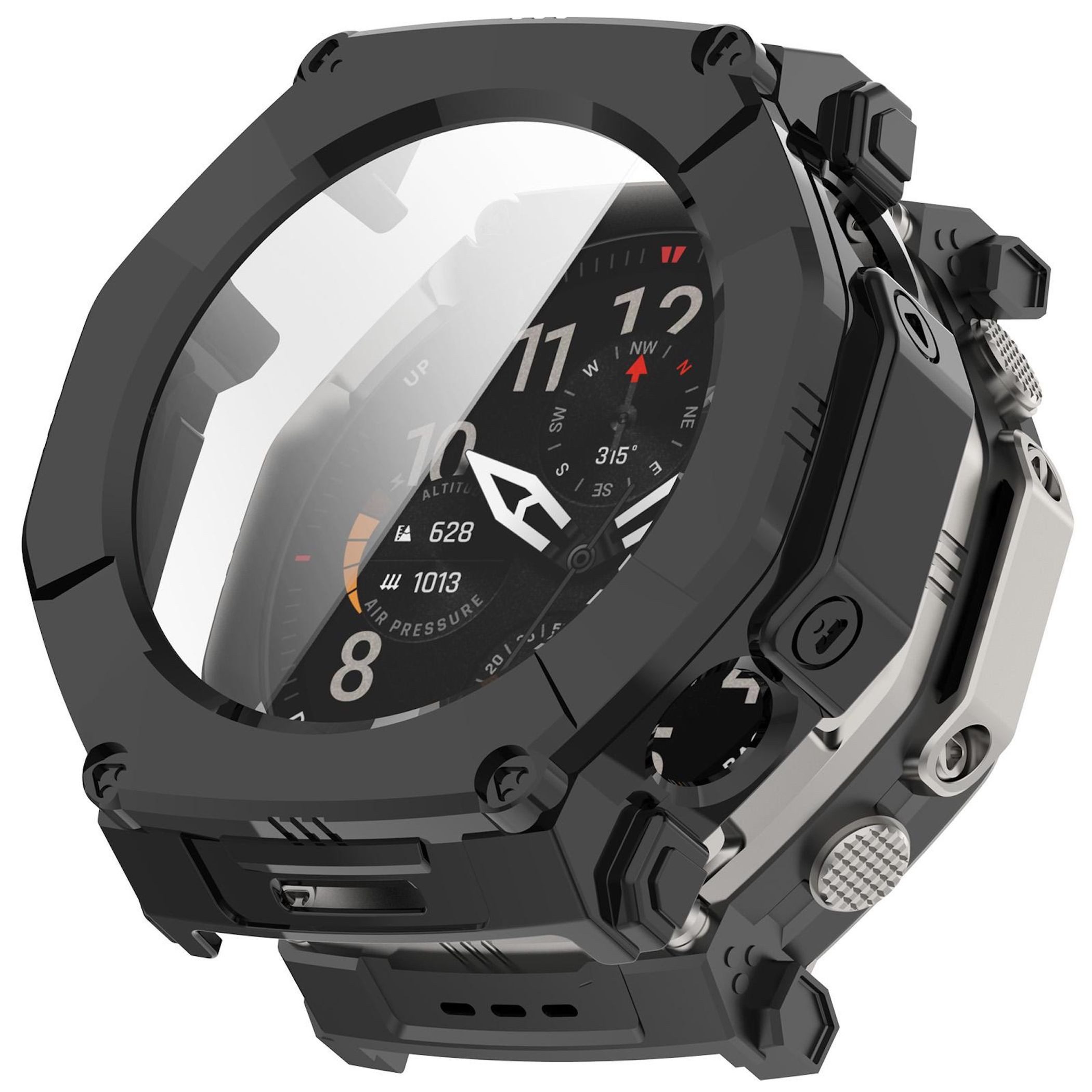 Wigento Smartwatch-Hülle + Schutzglas für Amazfit T-Rex Ultra 2 Full Cover Case Schwarz, Schutzhülle aus PC + Hart Glas für Rundumschutz