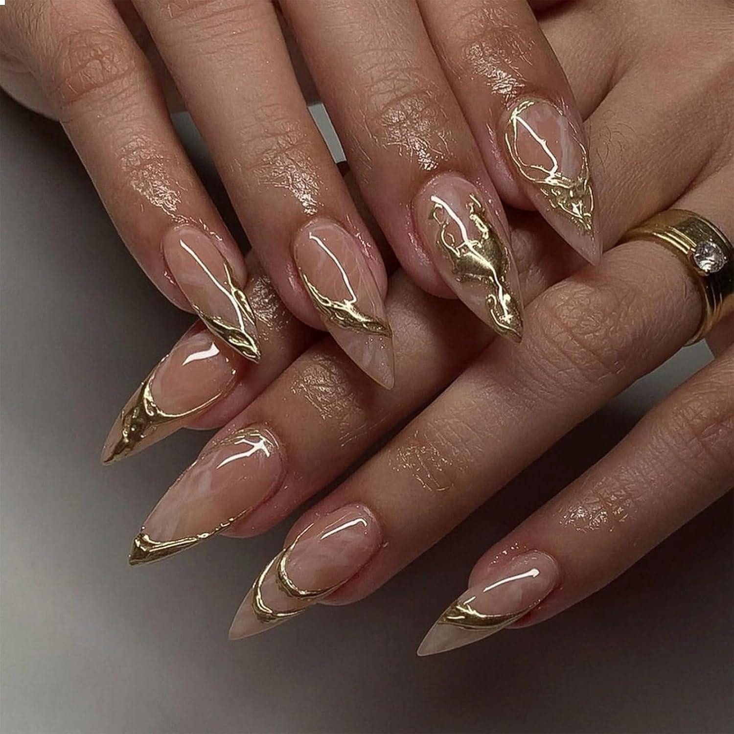 Kunstfingernägel 24 Mandel Press On Nails Mittel Länge Designs Gold Linie Nagel Deko
