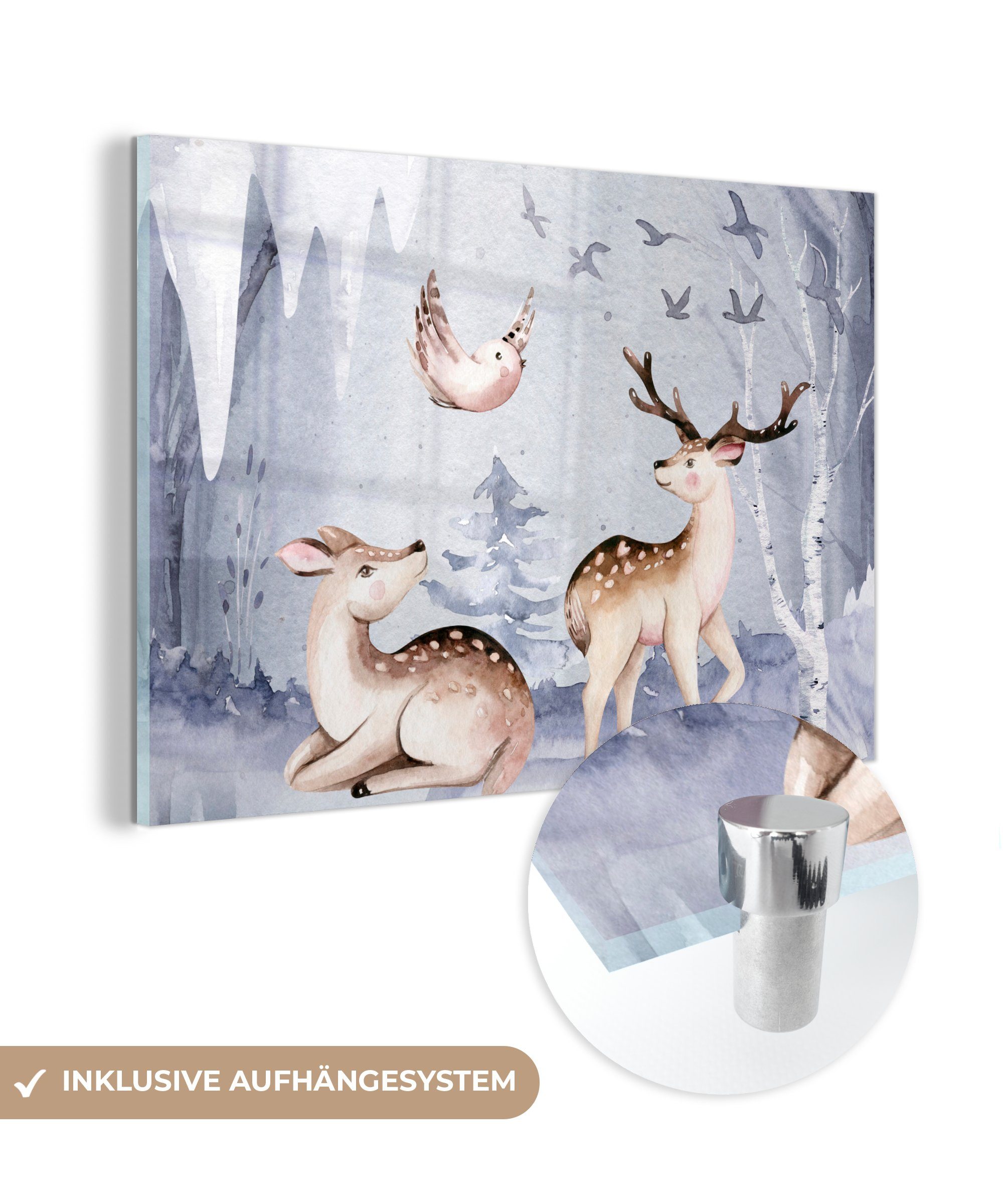MuchoWow Acrylglasbild Winter - Hirsche - Vögel - Schnee, (1 St), Acrylglasbilder Wohnzimmer & Schlafzimmer | Bilder