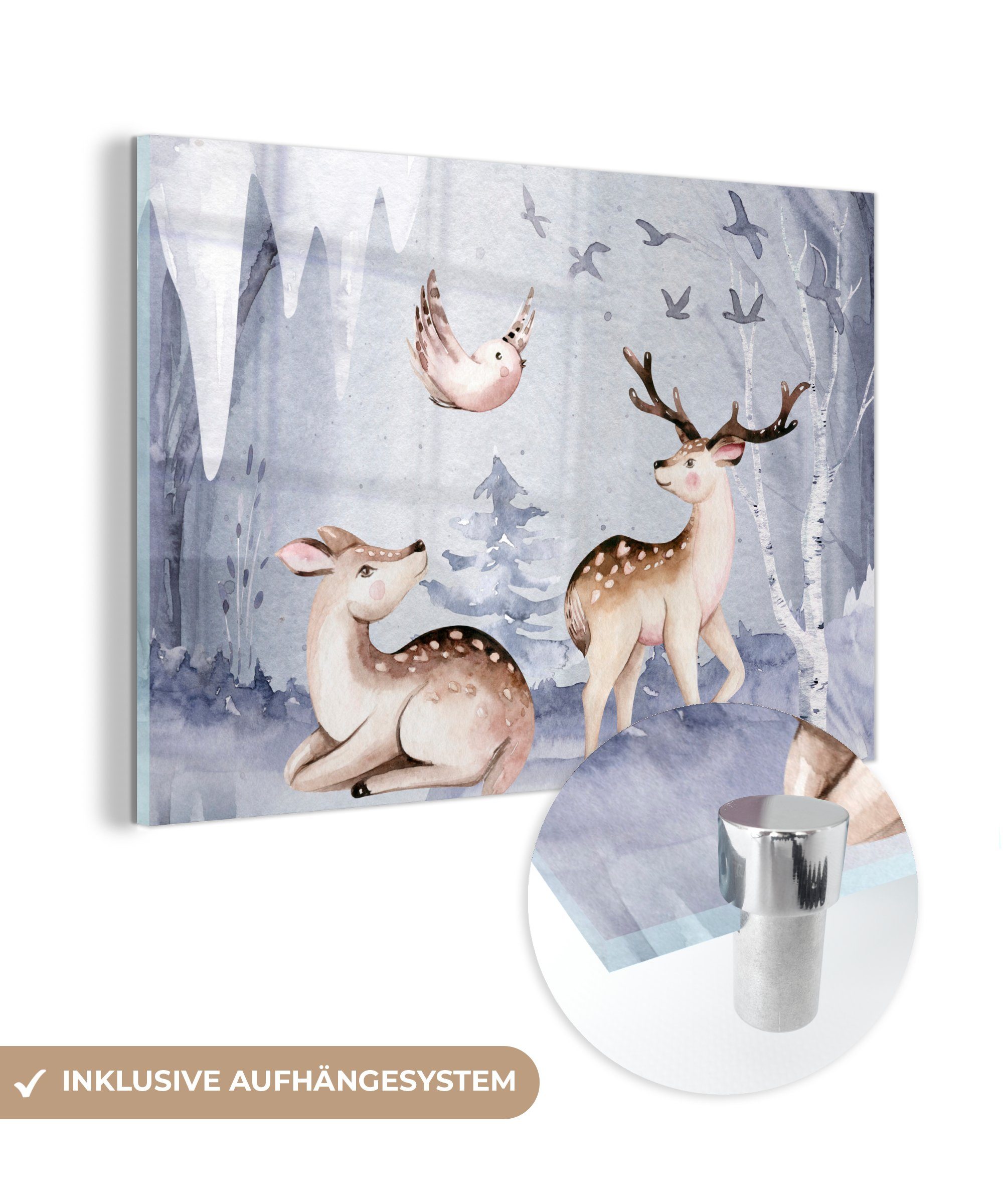 Schnee, St), Wohnzimmer - MuchoWow Schlafzimmer Vögel Hirsche Winter Acrylglasbilder - Acrylglasbild & - (1