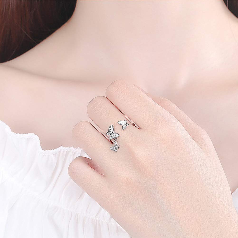 POCHUMIDUU Perlenohrringe Ring, Schmetterling Ringe Mädchen, Jahrestag Für Women 925 Verstellbare Adjustable Zum Geschenk Silber