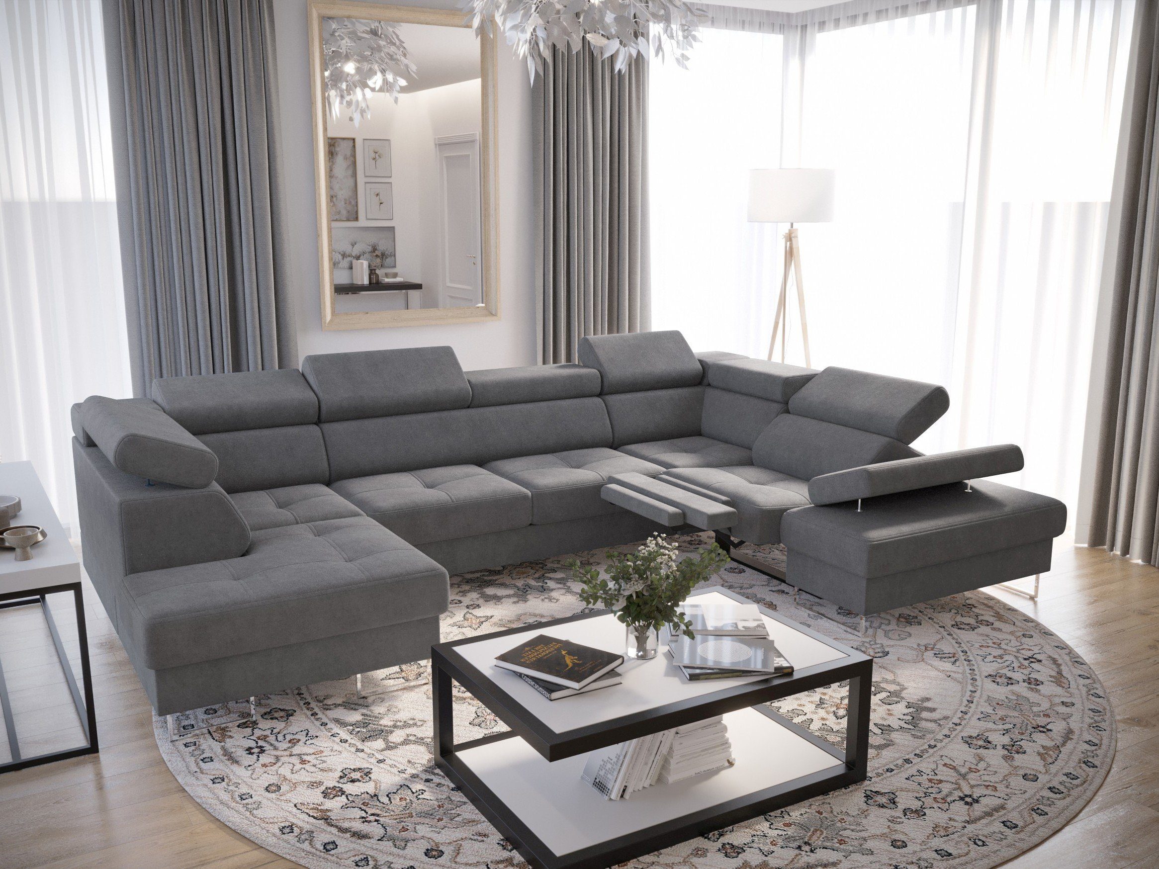 Möbel für Dich Wohnlandschaft XXL Ecksofa Galayx Max2 Relax, mit Relaxfunktion, mit Schlaffunktion, mit Bettkasten Veloursstoff Monolith 92 grau