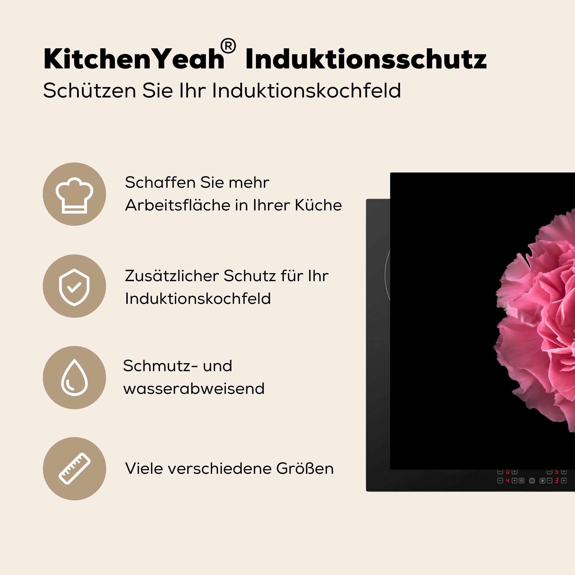 (1 cm, Herdblende-/Abdeckplatte Nelke - Schutz küche, Blume die - für Rosa, Induktionskochfeld MuchoWow tlg), Vinyl, 81x52 Ceranfeldabdeckung