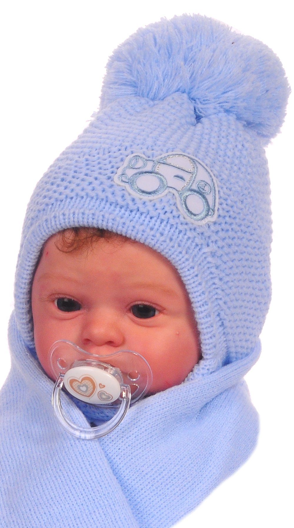 La Bortini Mütze & Schal Baby Set Wintermütze und Schal in Blau mit Auto 3-6Mon warm, weich, mit Auto-Applikation