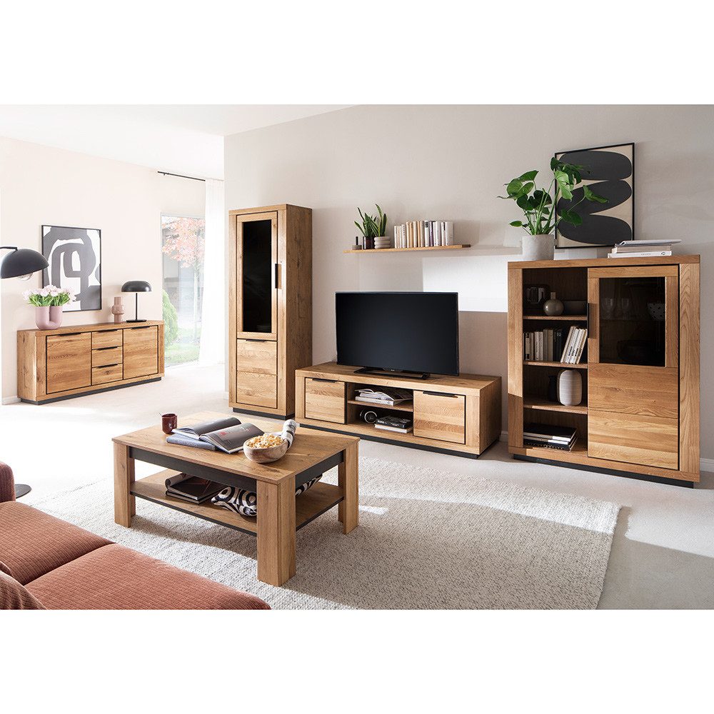 Lomadox Wohnwand GIUSTINO-06, (6-St., Sideboard Vitrine Wandboard Lowboard Highboard Couchtisch), Eiche teilmassiv geölt, Massivholzfronten