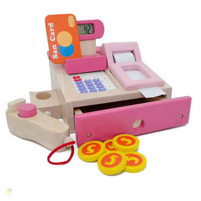 ESTIA Holzspielwaren Kaufladensortiment Kaufladenkasse aus Holz mit Scanner und Taschenrechner, für Kaufläden, lehrreich durch realitätsnahes Spiel
