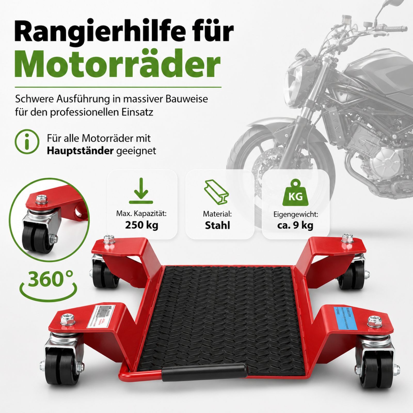 TRUTZHOLM Transportroller Rangierhilfe für Motorrad mit Ständer rot Rollwagen Rangierplatte, (1 Stück), 54x19 cm Last bis 250kg – Bild 2 von 5