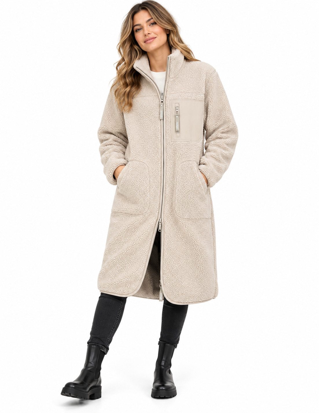 SUBLEVEL Fleecejacke Sublevel Damen Teddyfleece Mantel Lange Herbst Winter Übergangs Jacke