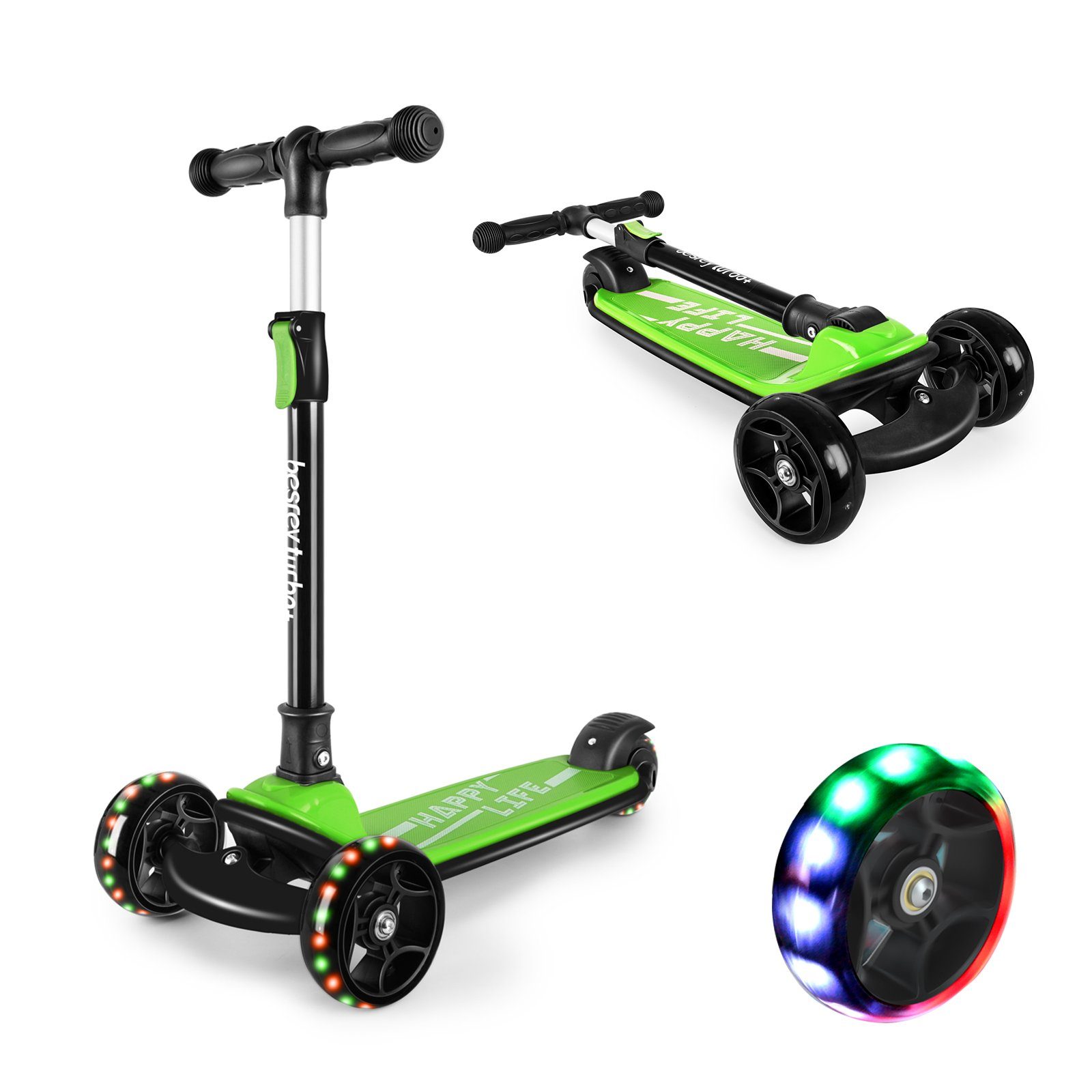 Rosa LED Kinderroller Scooter mit Sitz Tretroller Kickroller 3Rad Roller Laufrad 