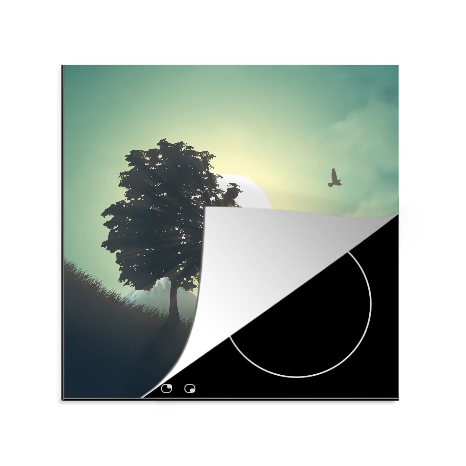 Vinyl, tlg), Herdblende-/Abdeckplatte 78x78 Baumes eines mit für im MuchoWow Arbeitsplatte (1 Berglandschaft küche einer Hintergrund, Illustration Ceranfeldabdeckung, cm, Eine