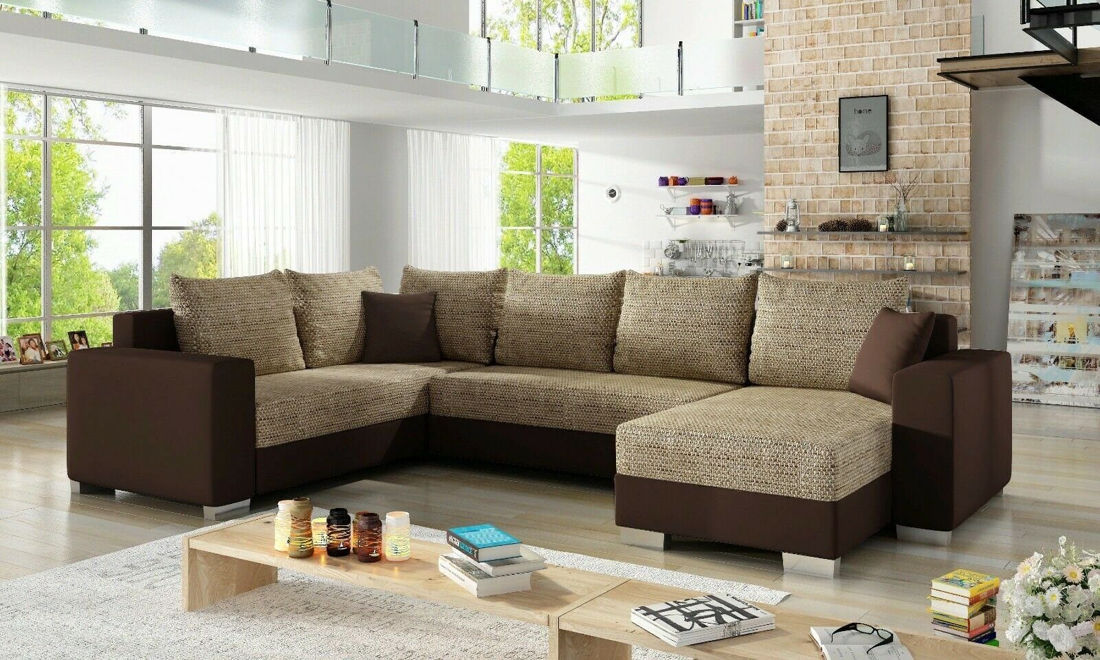 Ecksofa Bettfunktion Bettfunktion Mit Design Couch Textil, Schlafsofa JVmoebel / Ecksofa Polster Dunkelbraun Hellbraun Sofa