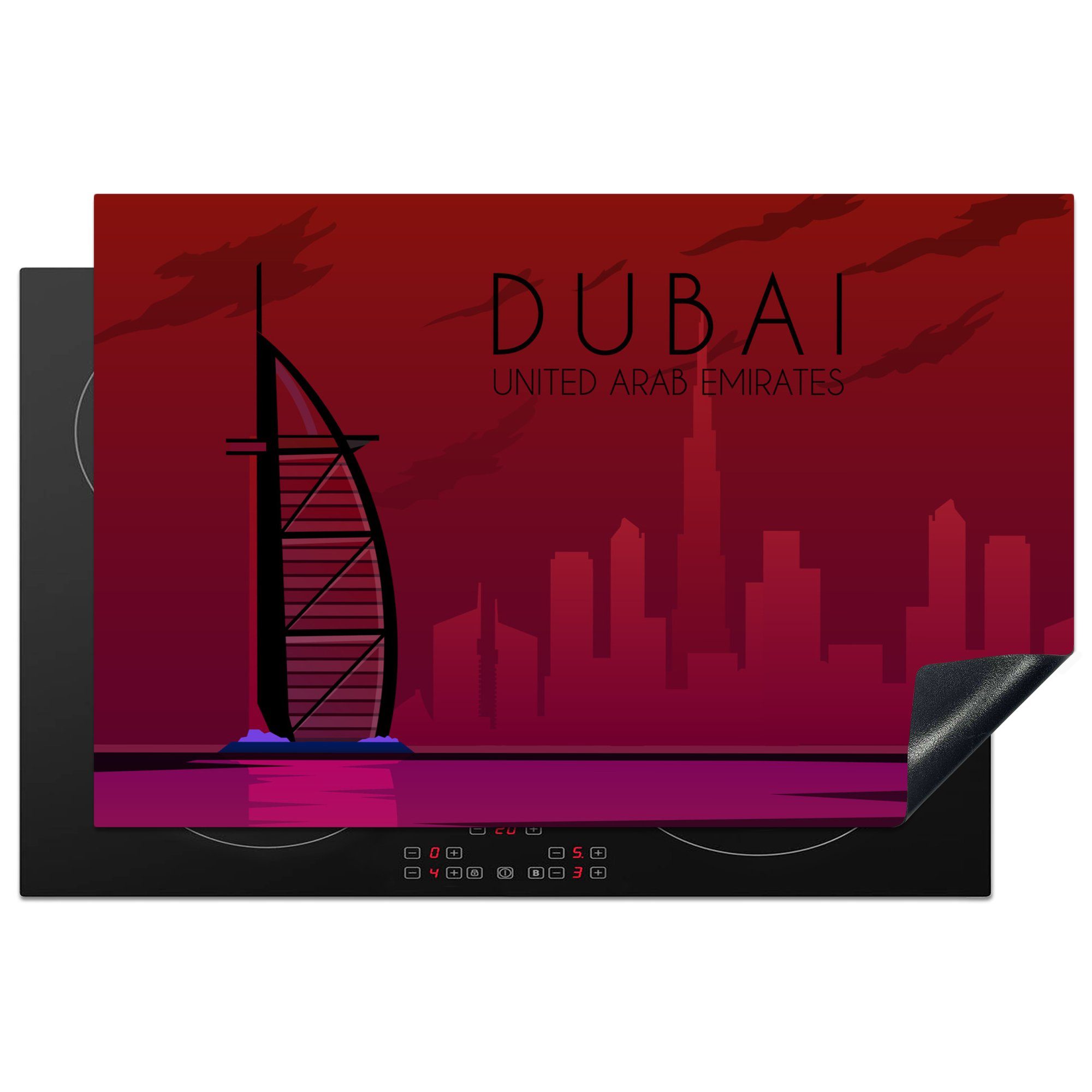 MuchoWow Herdblende-/Abdeckplatte Illustration der Stadt Dubai, Vereinigte Arabische Emirate, Vinyl, (1 tlg), 81x52 cm, Induktionskochfeld Schutz für die küche, Ceranfeldabdeckung