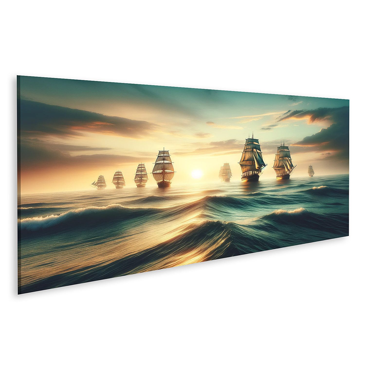 islandburner Leinwandbild Ruhige Meereslandschaft bei Sonnenuntergang alte Segelschiffe weniger