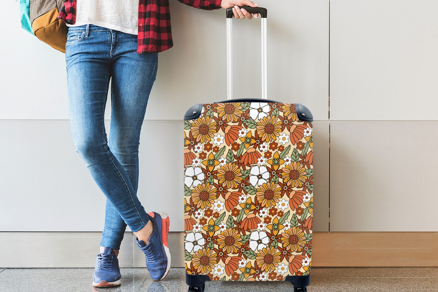 Reisekoffer rollen, Reisetasche Rollen, - Ferien, Muster, Handgepäckkoffer Handgepäck 4 Trolley, MuchoWow Blumen Vintage - mit für