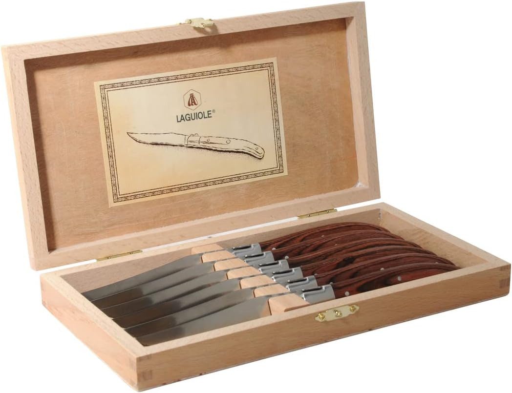 LAGUIOLE Steakmesser 6 Steakmesser LAGUIOLE L´ECLAIR NEU+OVP in der Holz-Schatulle (6 Stück), Dunkelbraun