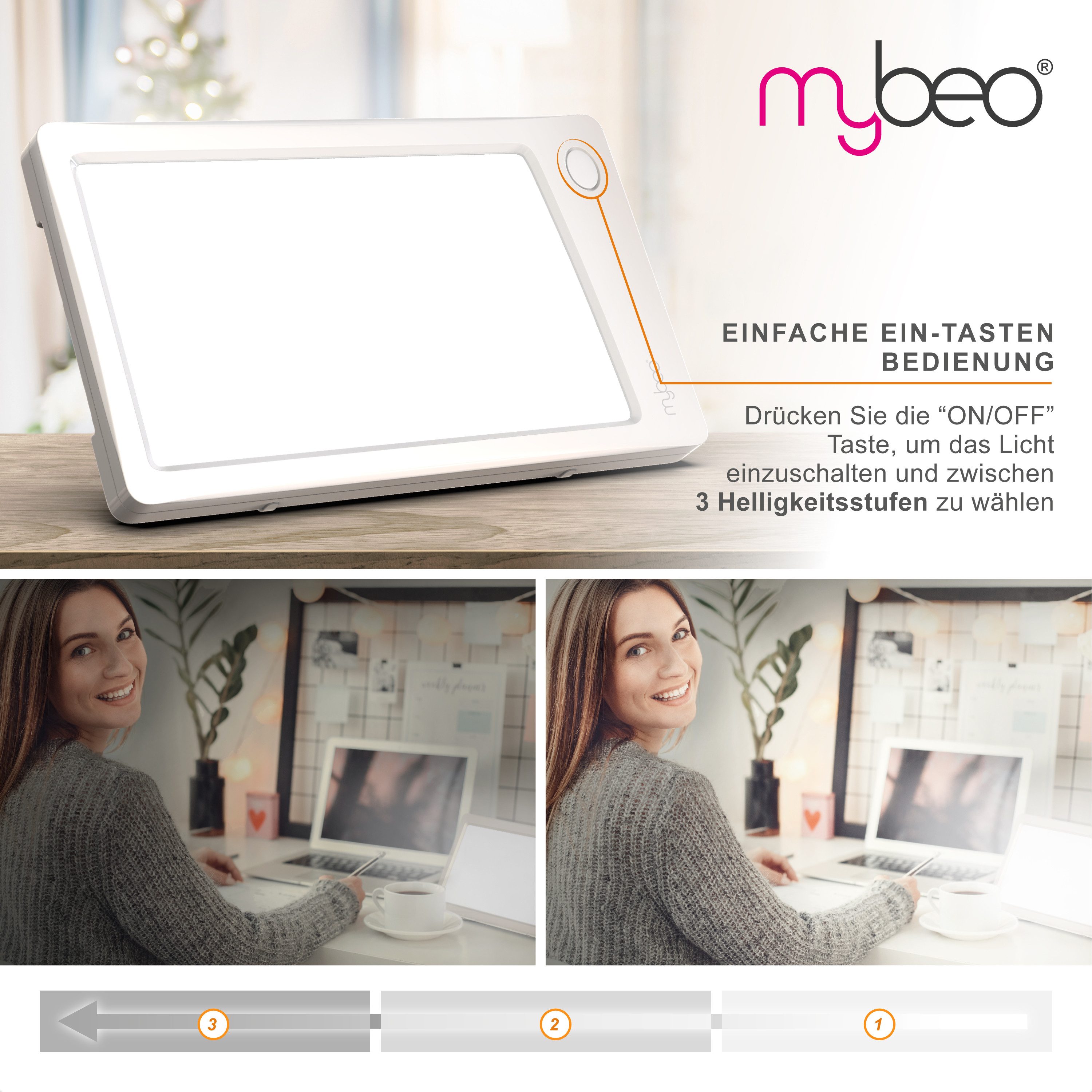 MyBeo Tageslichtlampe LED Tageslichtleuchte, Lichttherapielampe mit Standfuß, Lichtdusche, Dimmfunktion; Timer, LED fest integriert, neutralweiß, simuliert Tageslicht, 3 Helligkeitsstufen, Flackerfrei, Metallständer