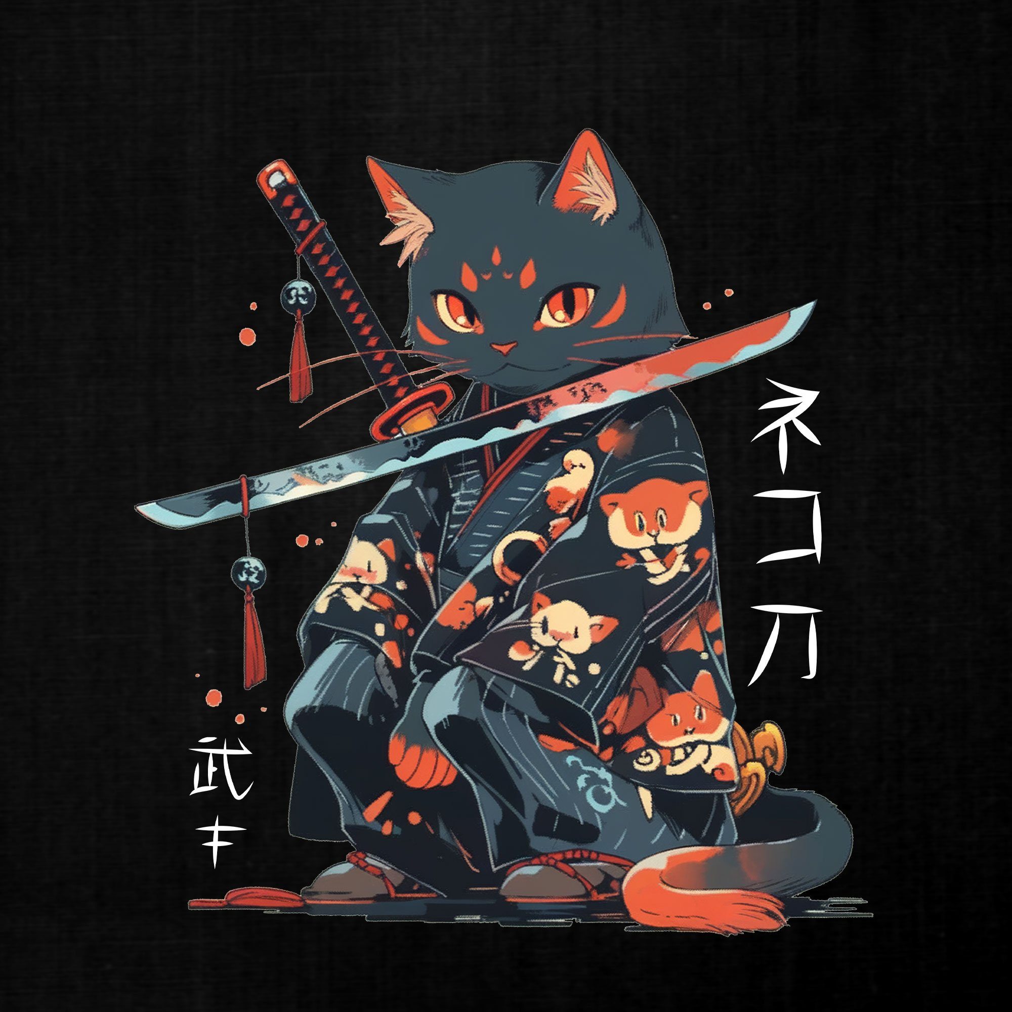 Quattro Formatee Kurzarmshirt Japanese Samurai Kawaii - Ästhetik Cat Schwarz Anime Japan T-Shir Herren Ninja (1-tlg)