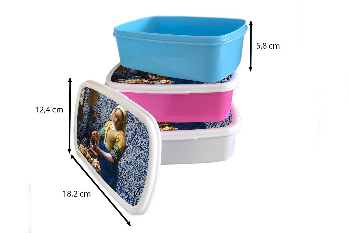 MuchoWow Lunchbox für (2-tlg), - - Meister, Kinder, Snackbox, Kunststoff Brotbox Gemälde Erwachsene, Mädchen, Alte rosa Brotdose - Vermeer - Milchmädchen Blau Kunststoff, Delfter