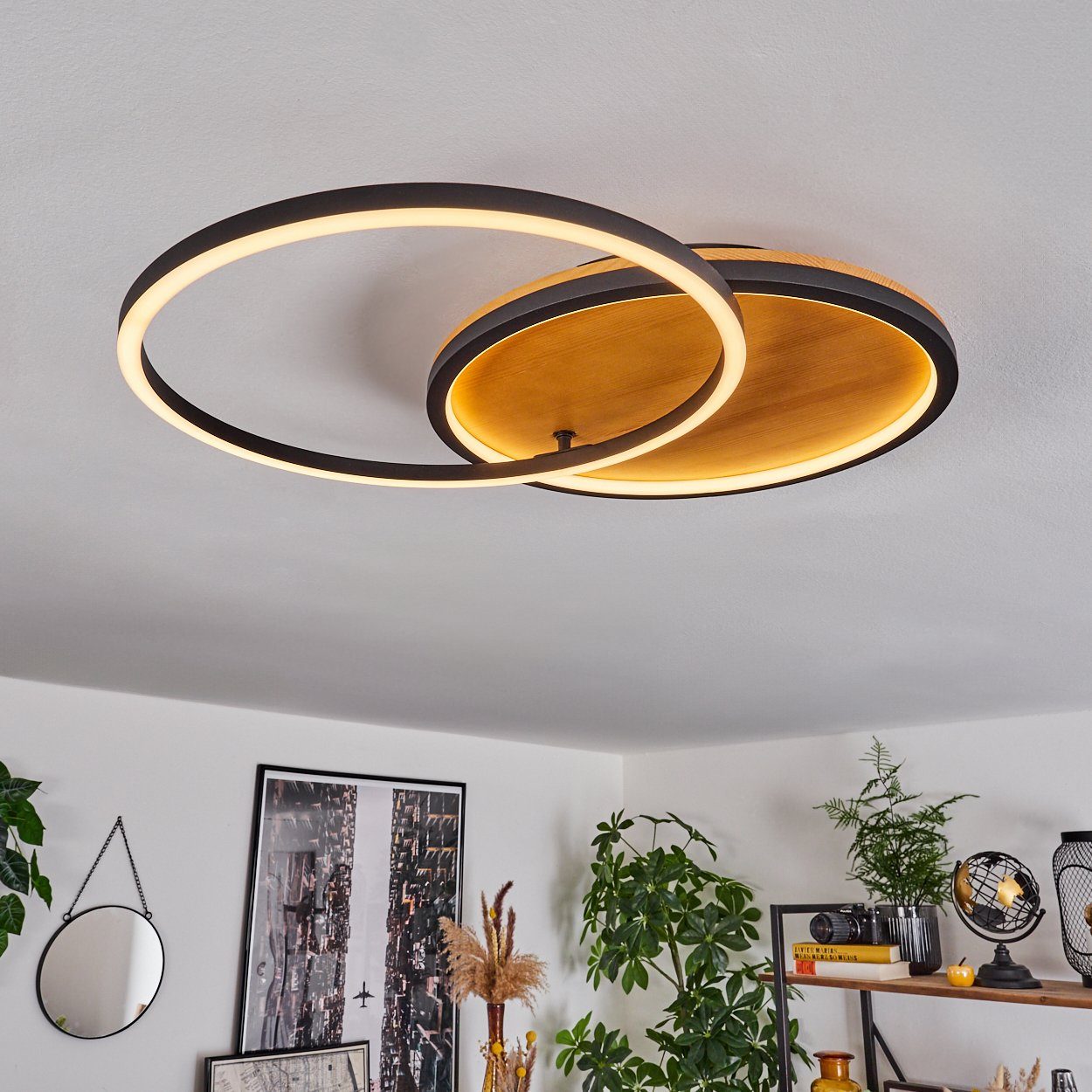 aus Schwarz/Natur/Weiß, Lumen LED Schirm, Kelvin, 3000 in Metall/Holz/Kunststoff cm moderne verstellbarem (35 Deckenlampe u. Watt, hofstein wechselbar, 23 mit 36,5 Deckenleuchte cm), 650