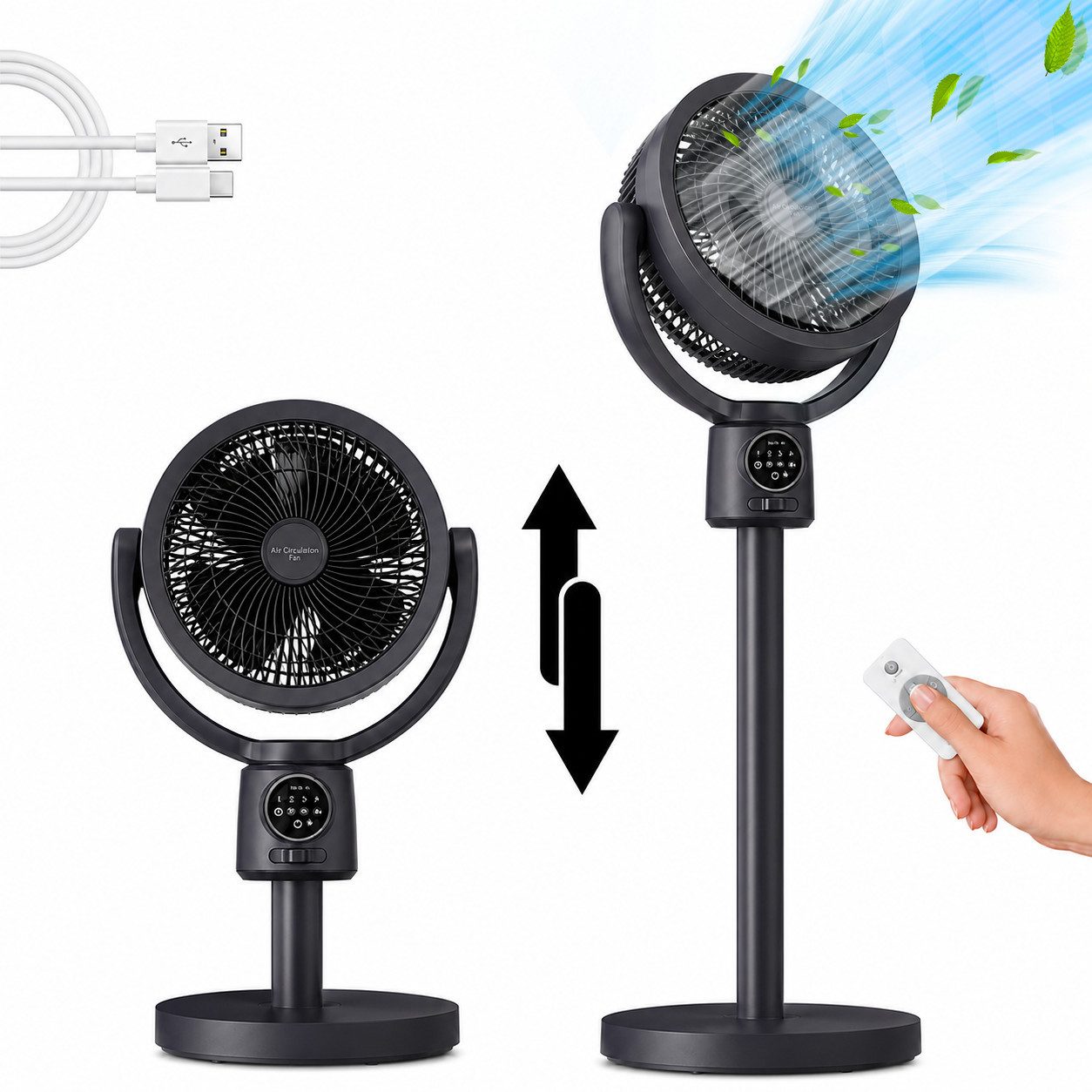 MOPUEA Standventilator 2in1 Standventilator Tischventilator mit 3D-Oszillation Luftzirkulator, Höhenverstellbar 5 Windstufen, Timer, LED-Display, Leiser Ventilator